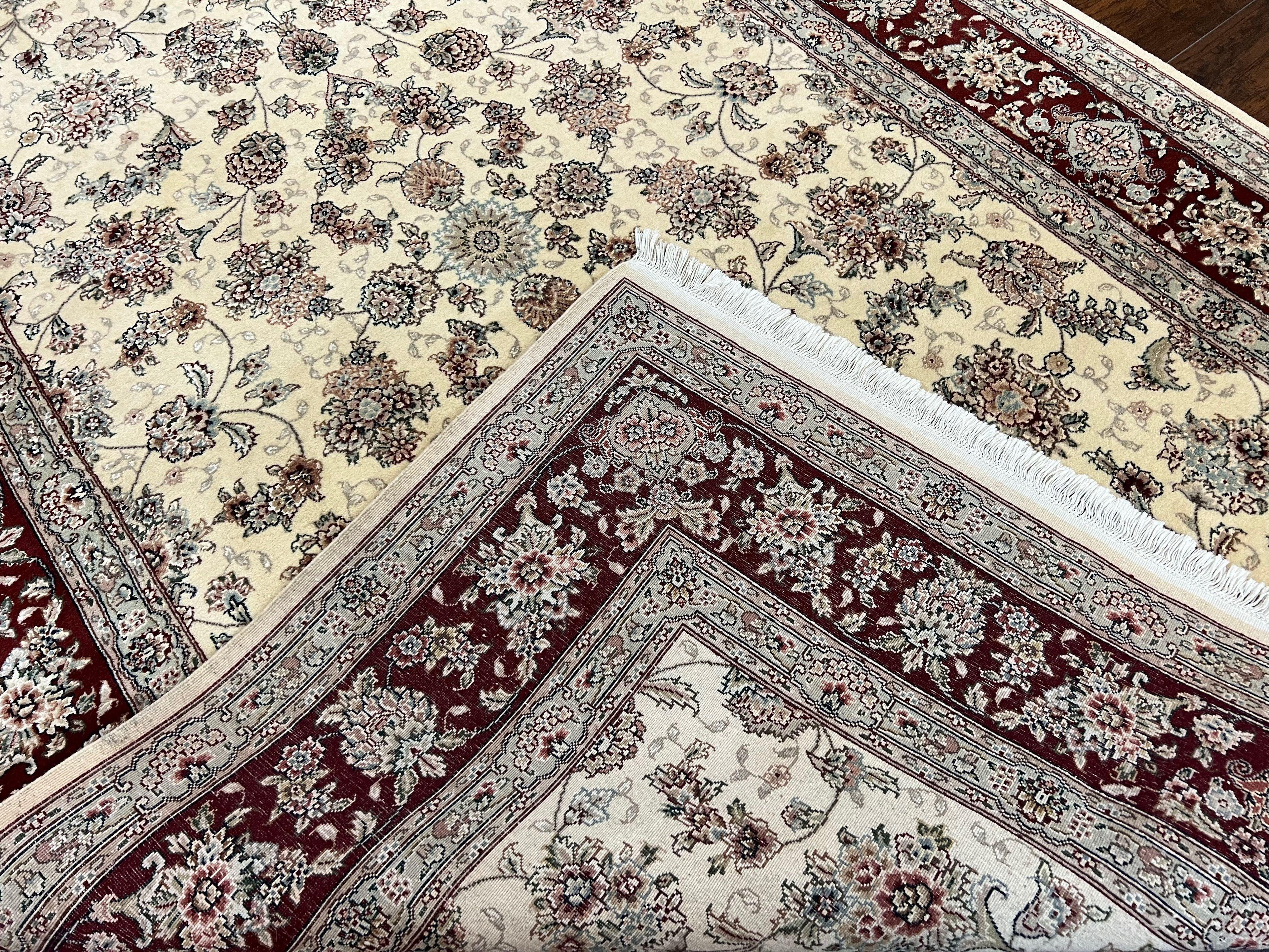 Pak Persian Rug 6x9, Floral Allover Carpet 6 x 9 ft, Cream and Maroon Hand Knotted Wool and Silk Fine Oriental Rug, Traditional Vintage Rug