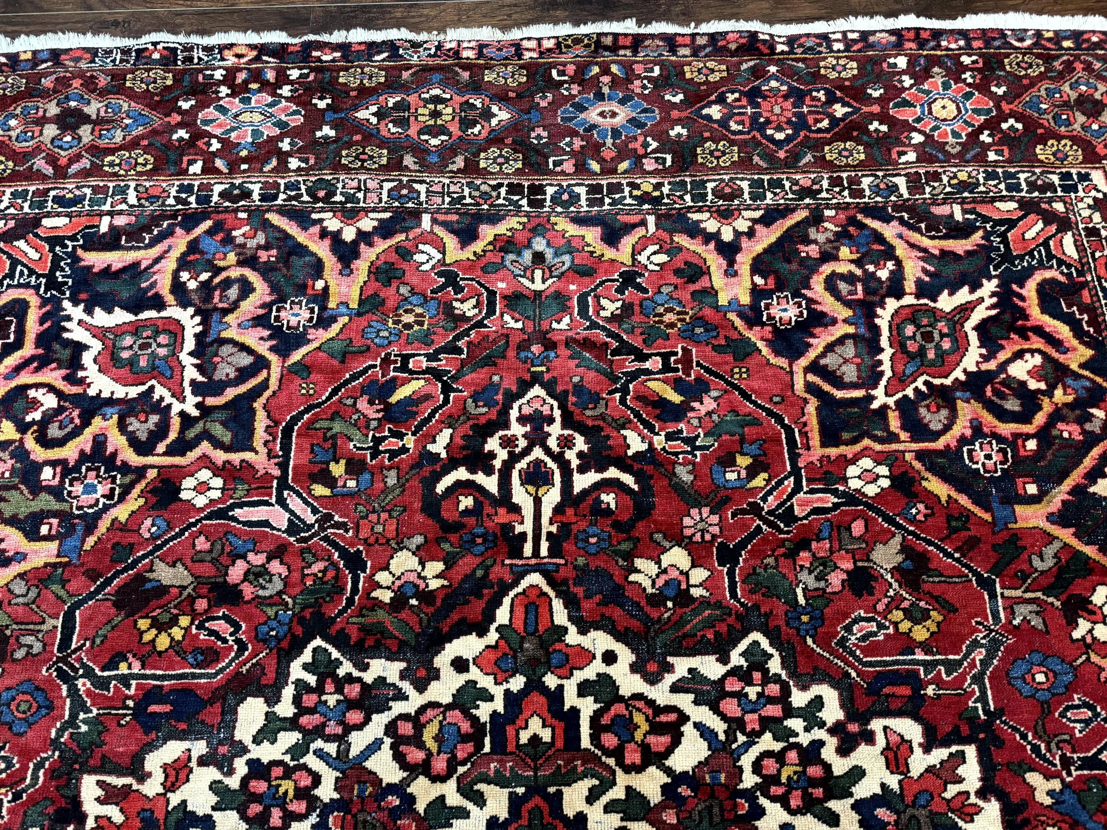 Rare Persian Bakhtiari Rug 10x13, Red, Semi Antique, Large Persian Carpet, Handmade
