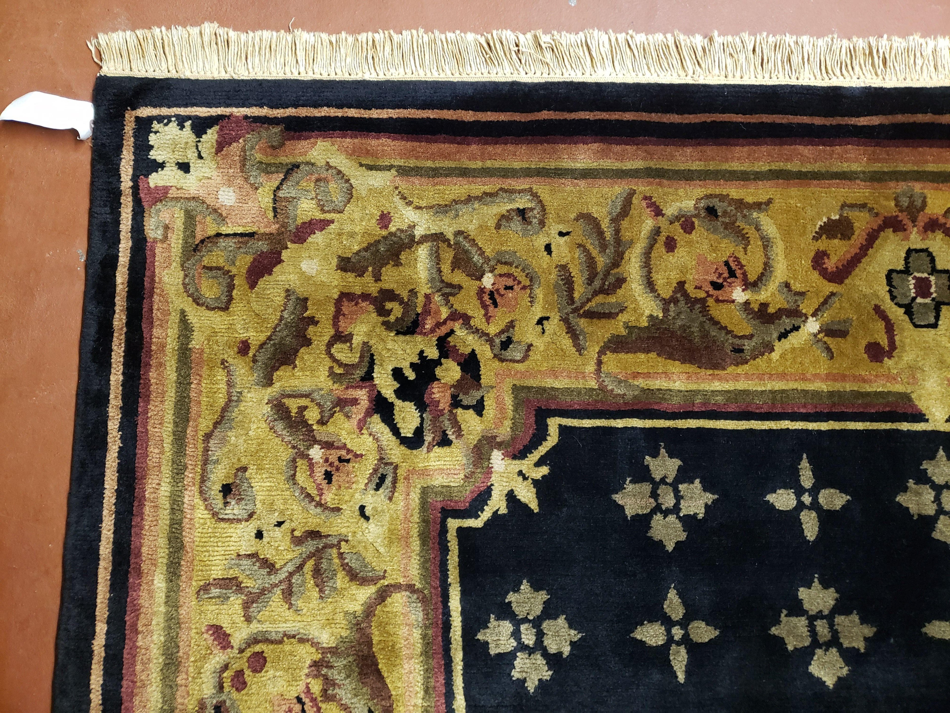 6x9 Aubusson Design Nepali Tibetan Rug Black & Tan Hand-Knotted Wool Carpet Soft Plush Pile New Rug Nice