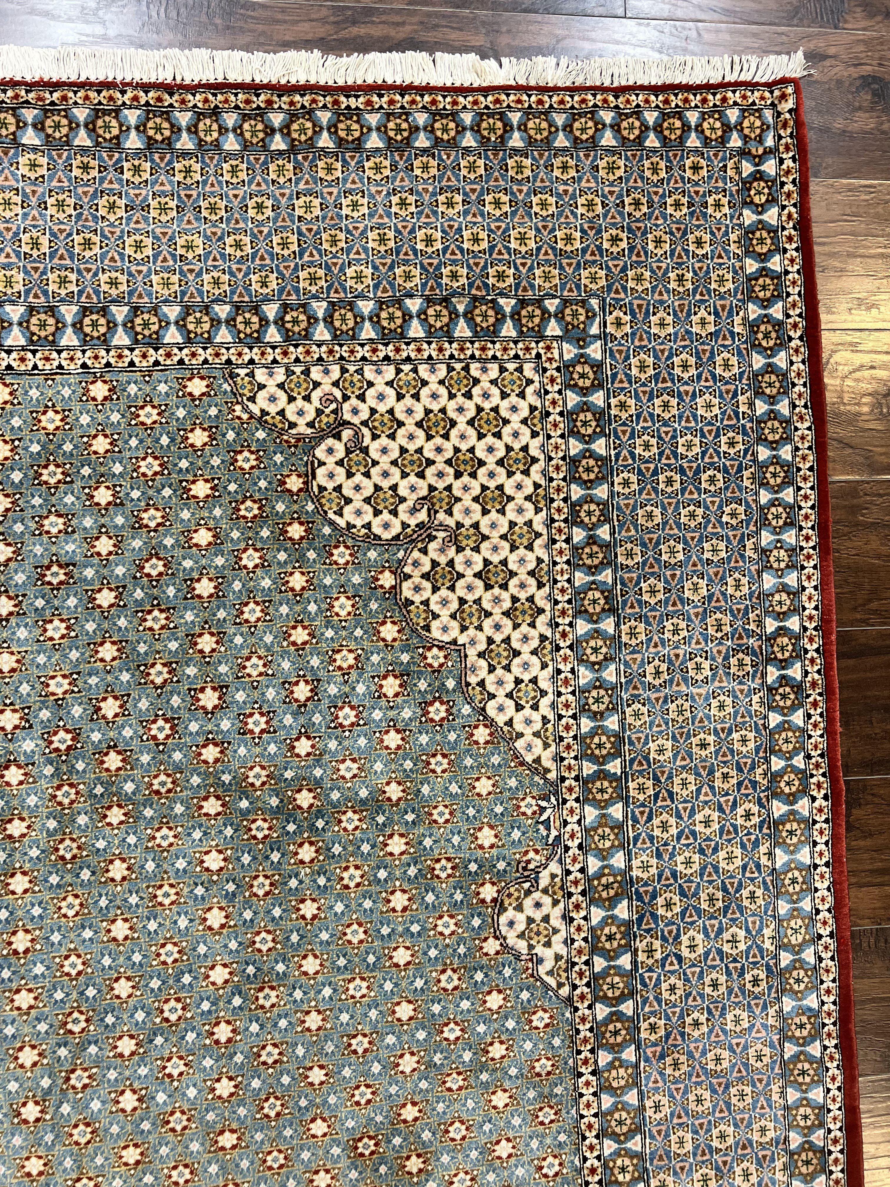 Rare Persian Rug 8x12, Qum Rug, Repeated Star Motifs, Blue and Ivory, Fine 300 KPSI, Hand Knotted Handmade Vintage Wool Rug