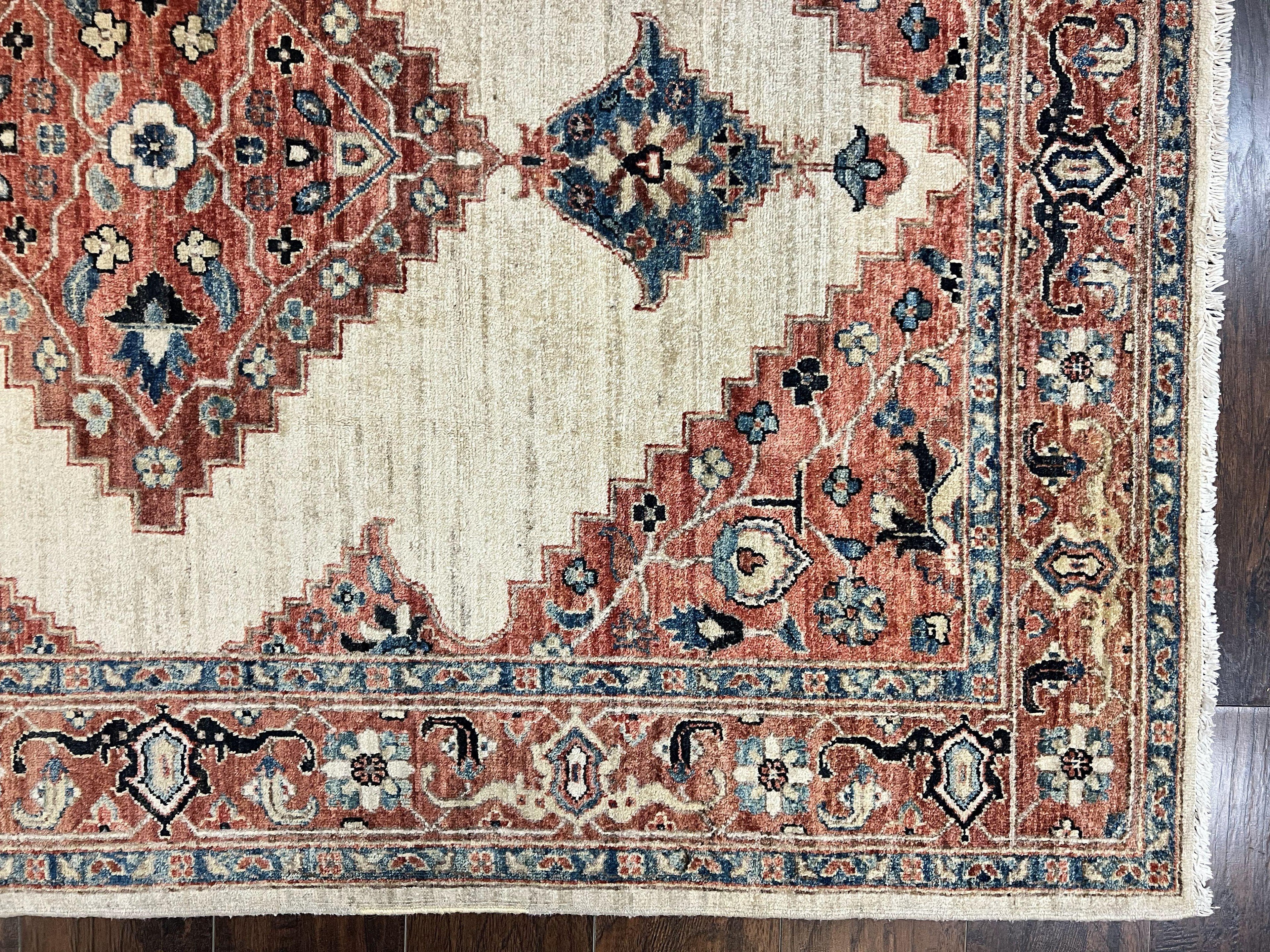 Peshawar Rug 5x7, Wool Hand Knotted Handmade Vintage Carpet, Serapi Design, Pakistani Rug 5 x 7 ft, Medium Sized, Geometric Rug