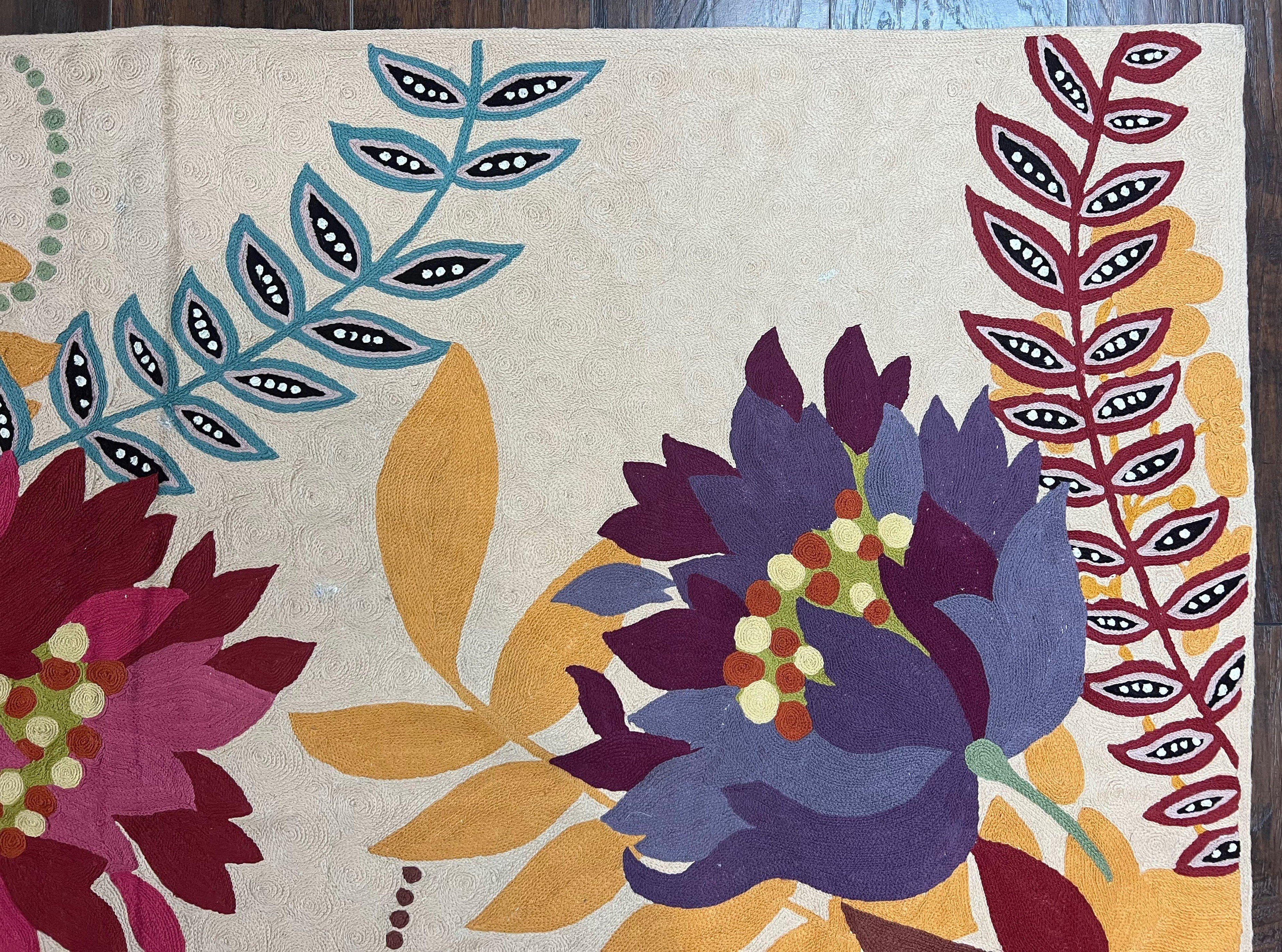 Indian Chain Stitched Rug 4x6, Hand Stitched Indian Embroidery Carpet, Large Floral Design, Contemporary, Cream and Colorful Flowers, Wool