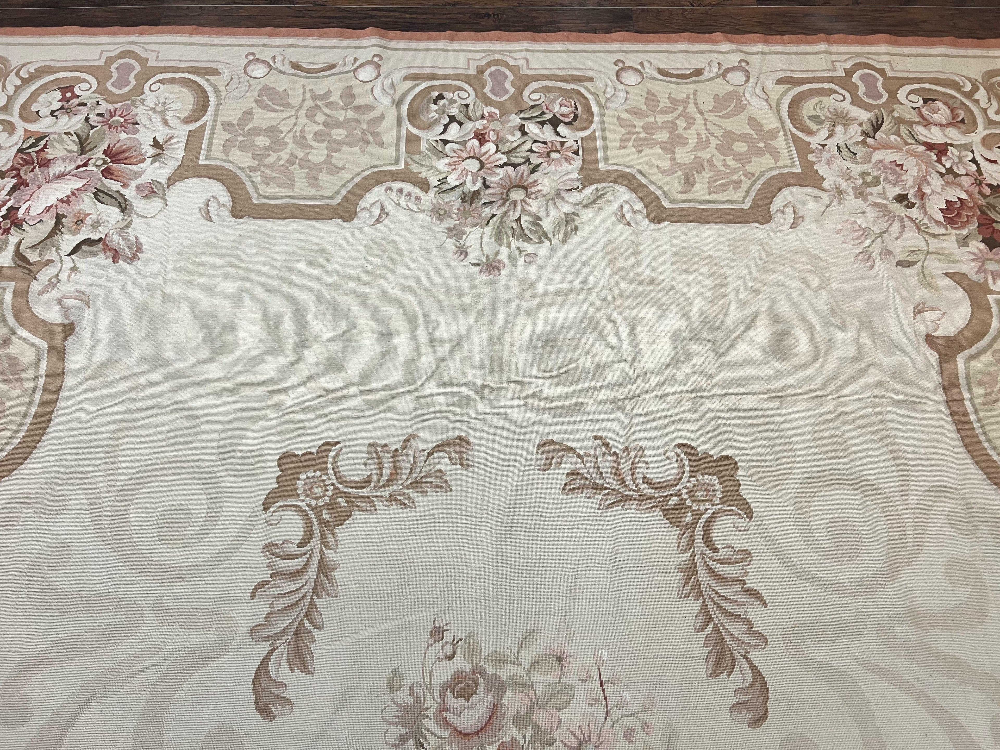 10x14 Aubusson Rug, Wool Handmade Vintage Carpet, French European Design, Elegant