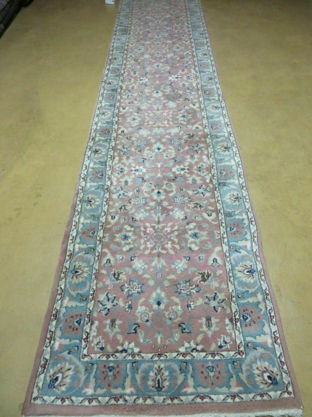 Indo Persian Runner Rug 2.8 x 12, Wool Hand Knotted, Pink and Light Blue