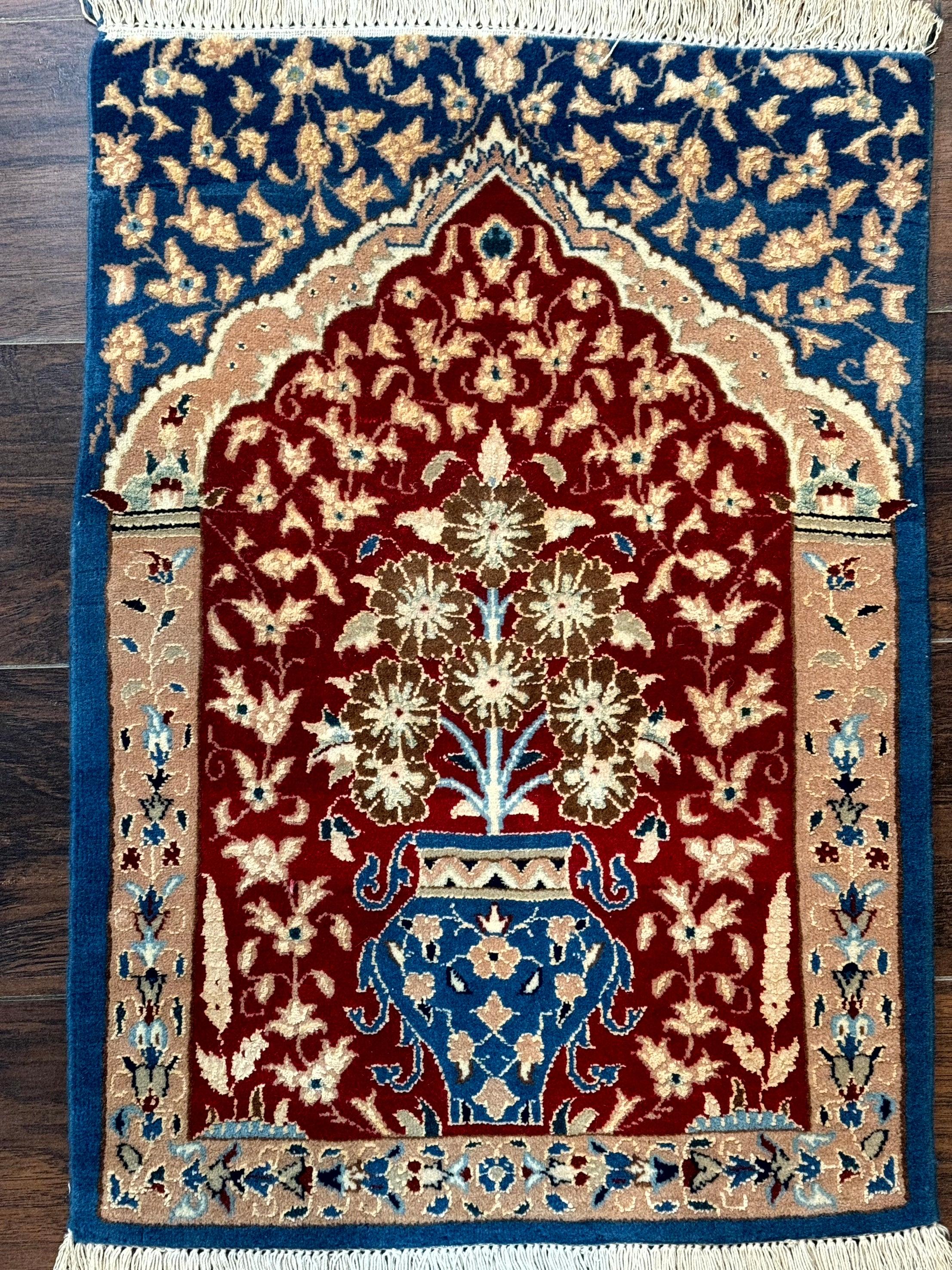 Small Persian Nain Rug, Persian Vase Tree of Life Design, Red and Blue, Very Fine 260 KPSI, Wool and Silk Highlights
