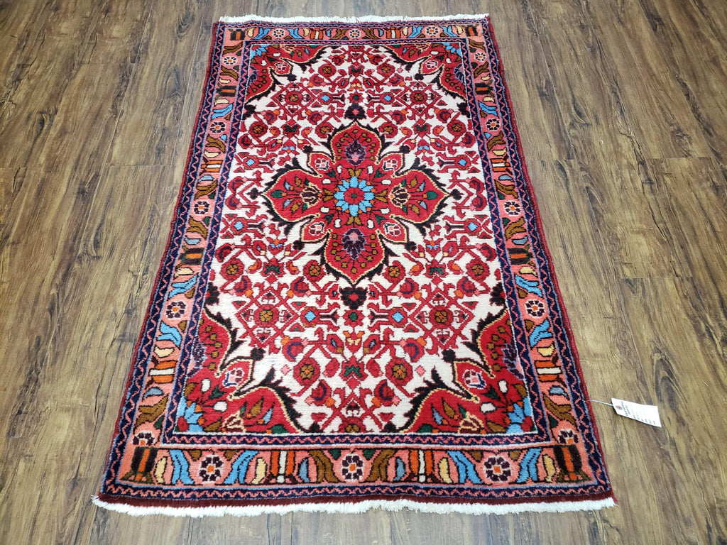 3' 2' X 5' 1" Handmade Floral Wool Rug Red Beige /Ivory