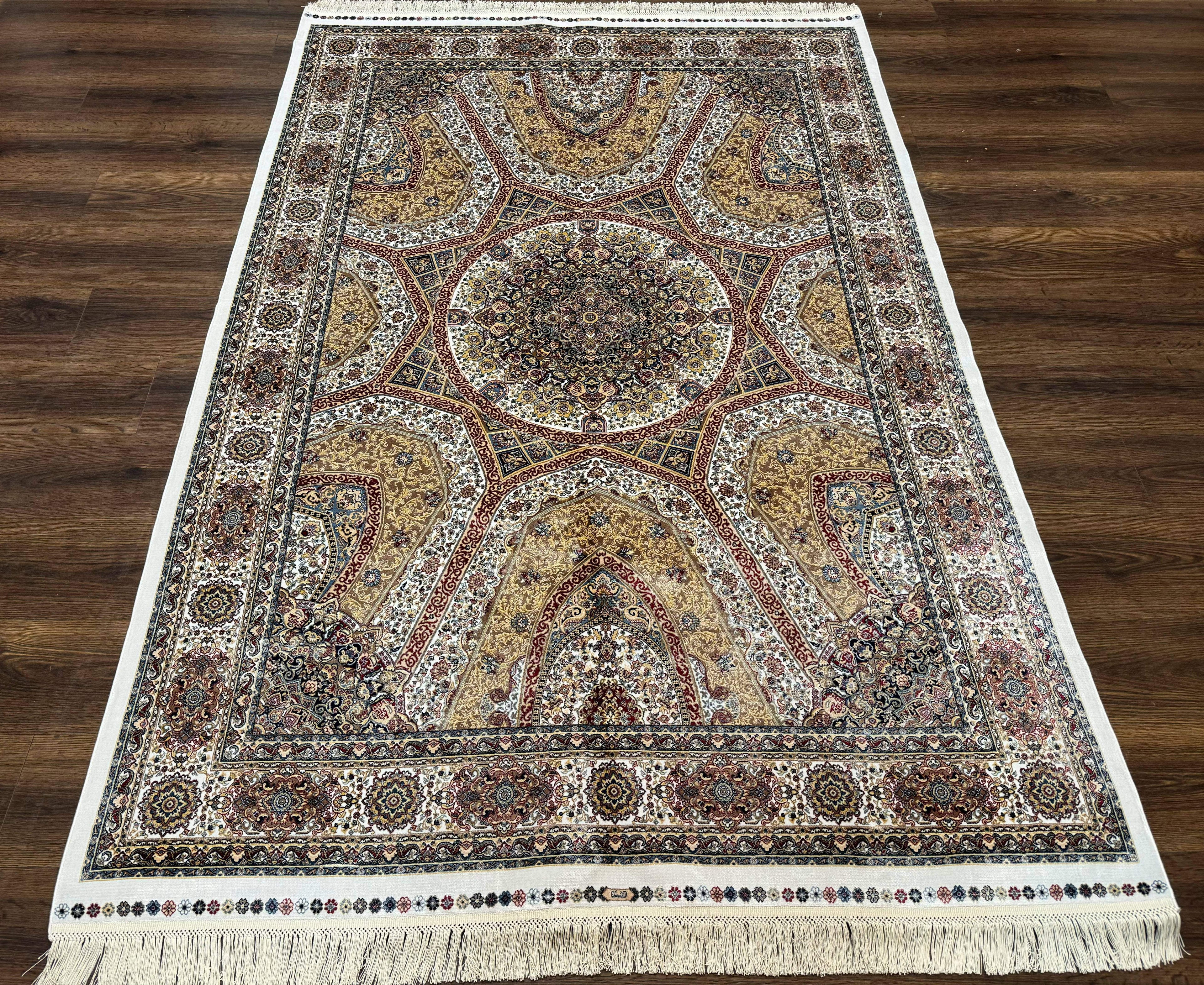 Turkish Silk Rug 5 x 7.6, Dome Design, Bamboo Silk, New