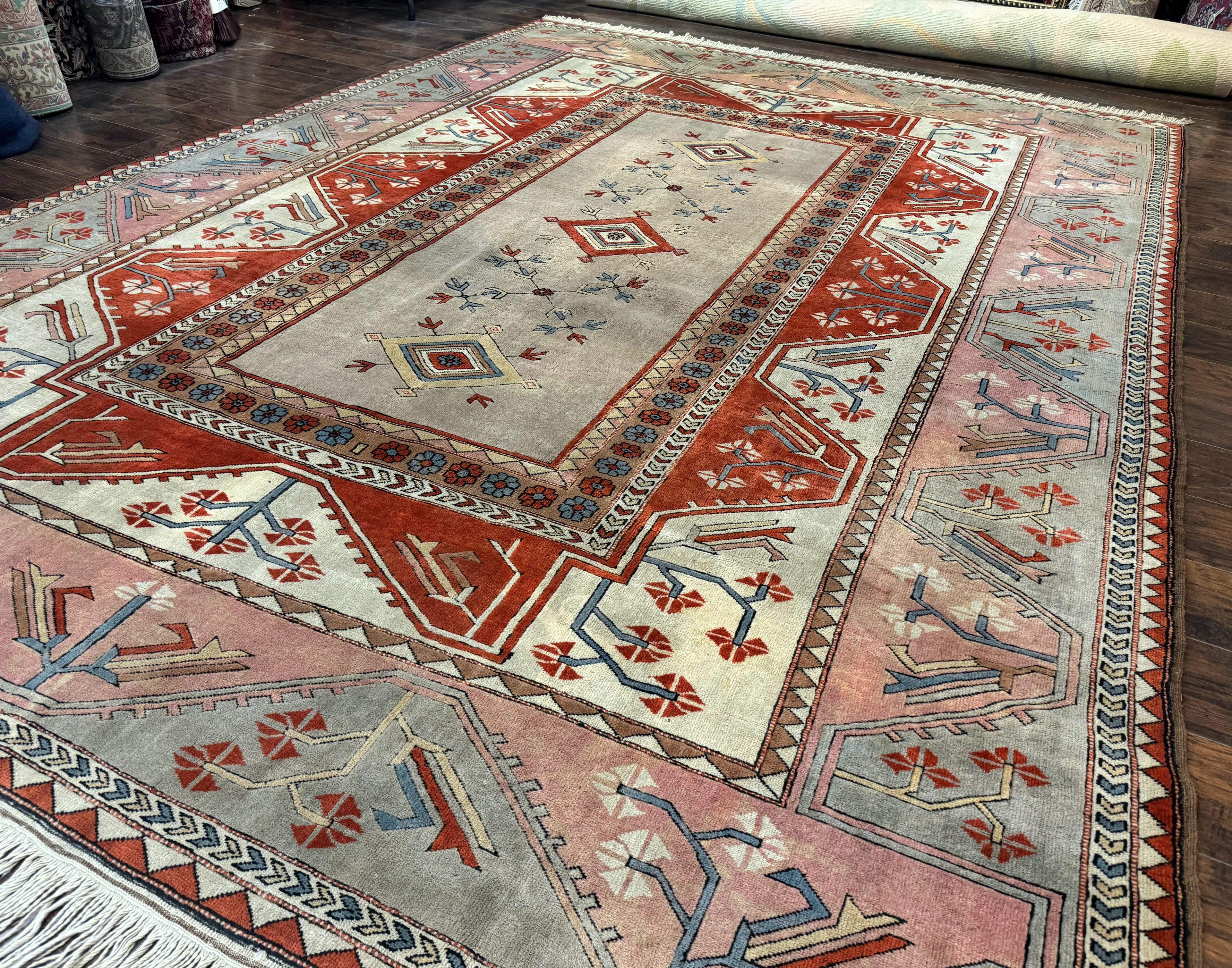 Large Turkish Milas Rug 10x13, Gray, Vintage, Wool on Wool