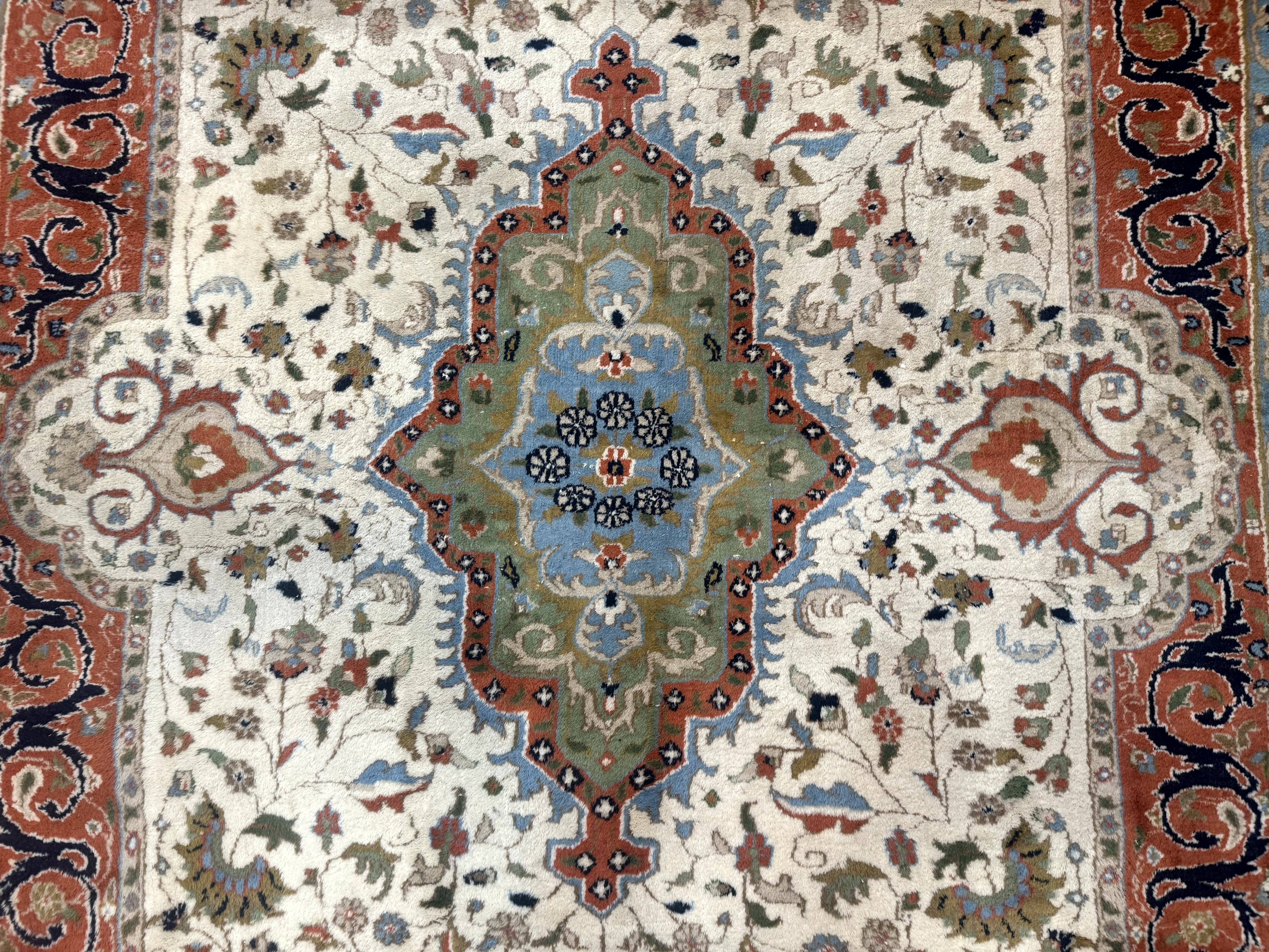 Indo Persian Rug 9x12, Ivory Red Green, Traditional Oriental Carpet