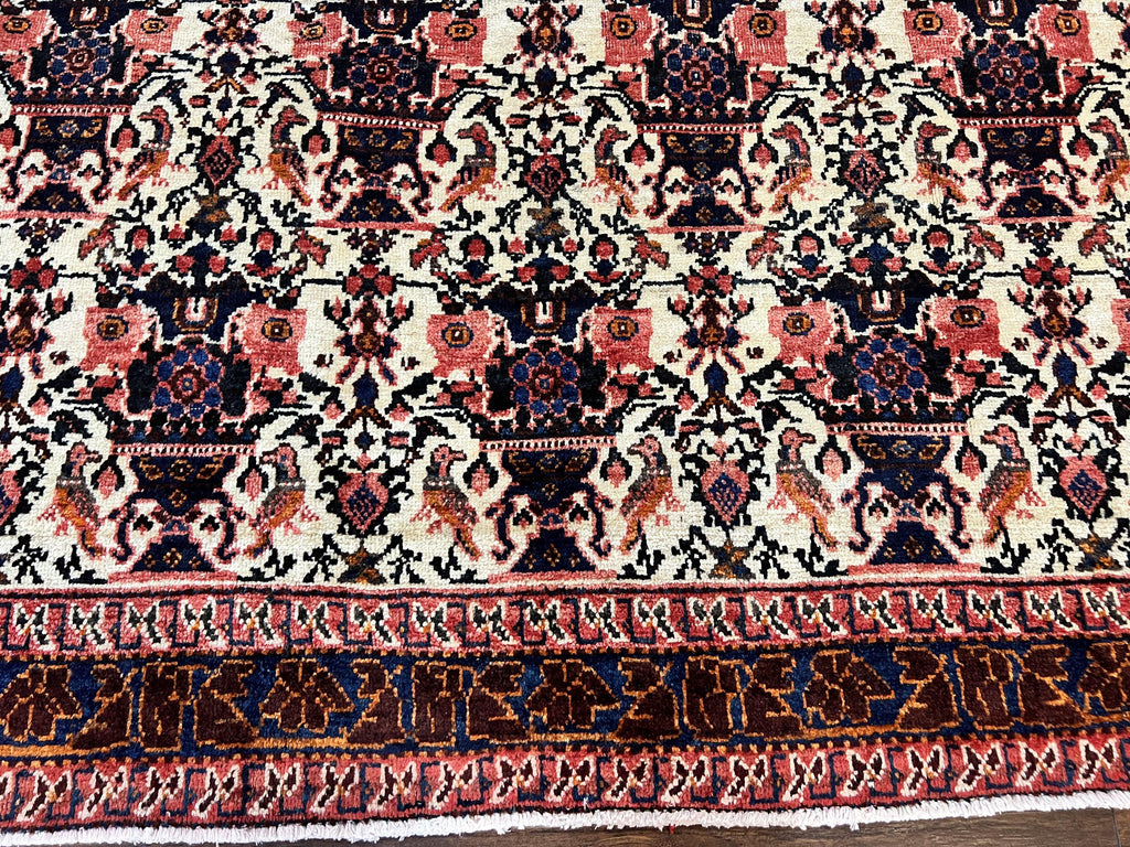 Persian Afshar Rug 6x8, Wool Hand Knotted Semi Antique Vintage Carpet, Floral Allover, Repeated Birds Flowers Vases Motifs