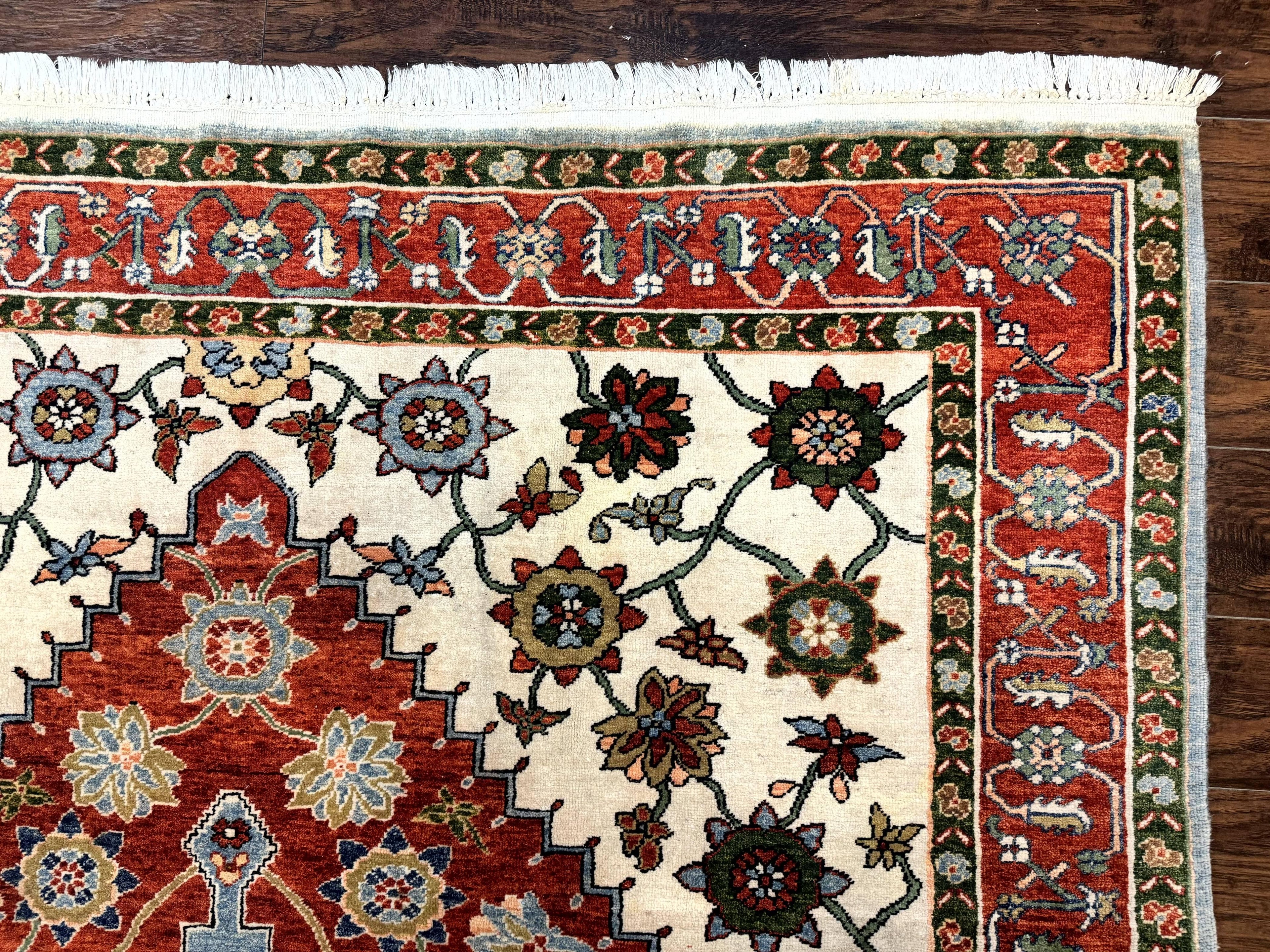 Indo Persian Heriz Rug 7x9, Geometric Pattern, Cream & Light Red, Handmade Vintage Wool Carpet