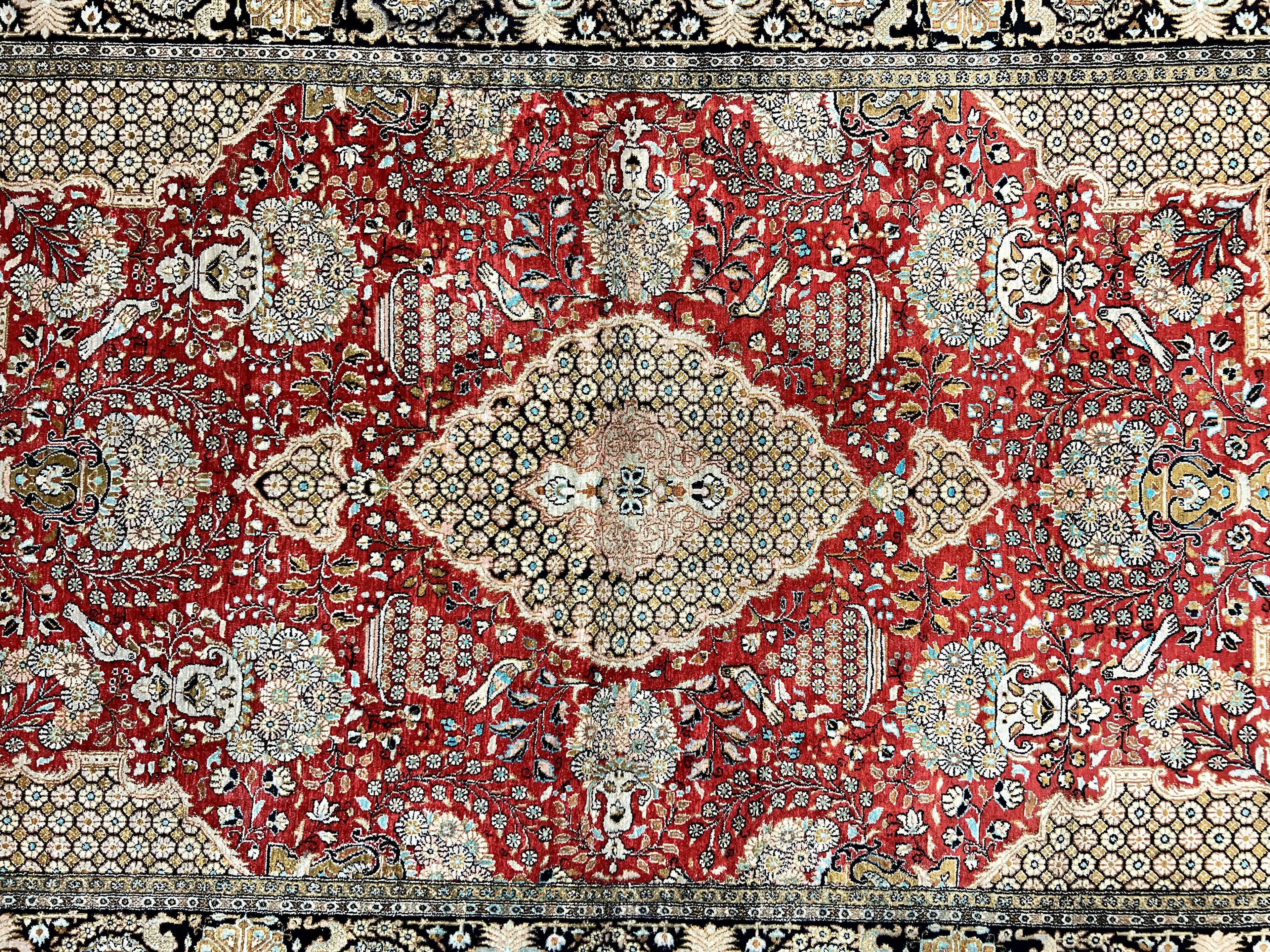 Wonderful Persian Silk Rug 5x7, Birds Floral Vases, Red, Hand Knotted Silk Fine Oriental Carpet, Handmade Vintage, Persian Qum Rug, 400 KPSI