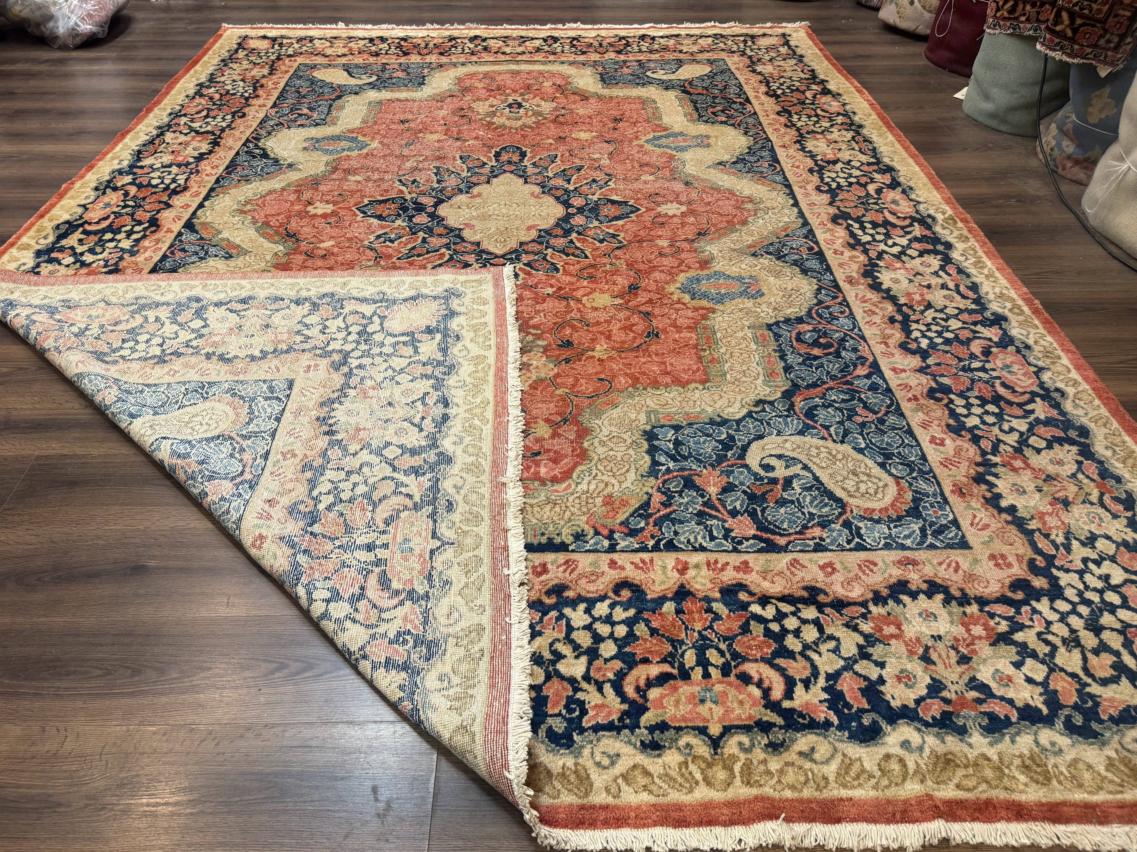 Antique Persian Sarouk Rug 9x12, Boteh Paisleys, Light Red Navy Blue