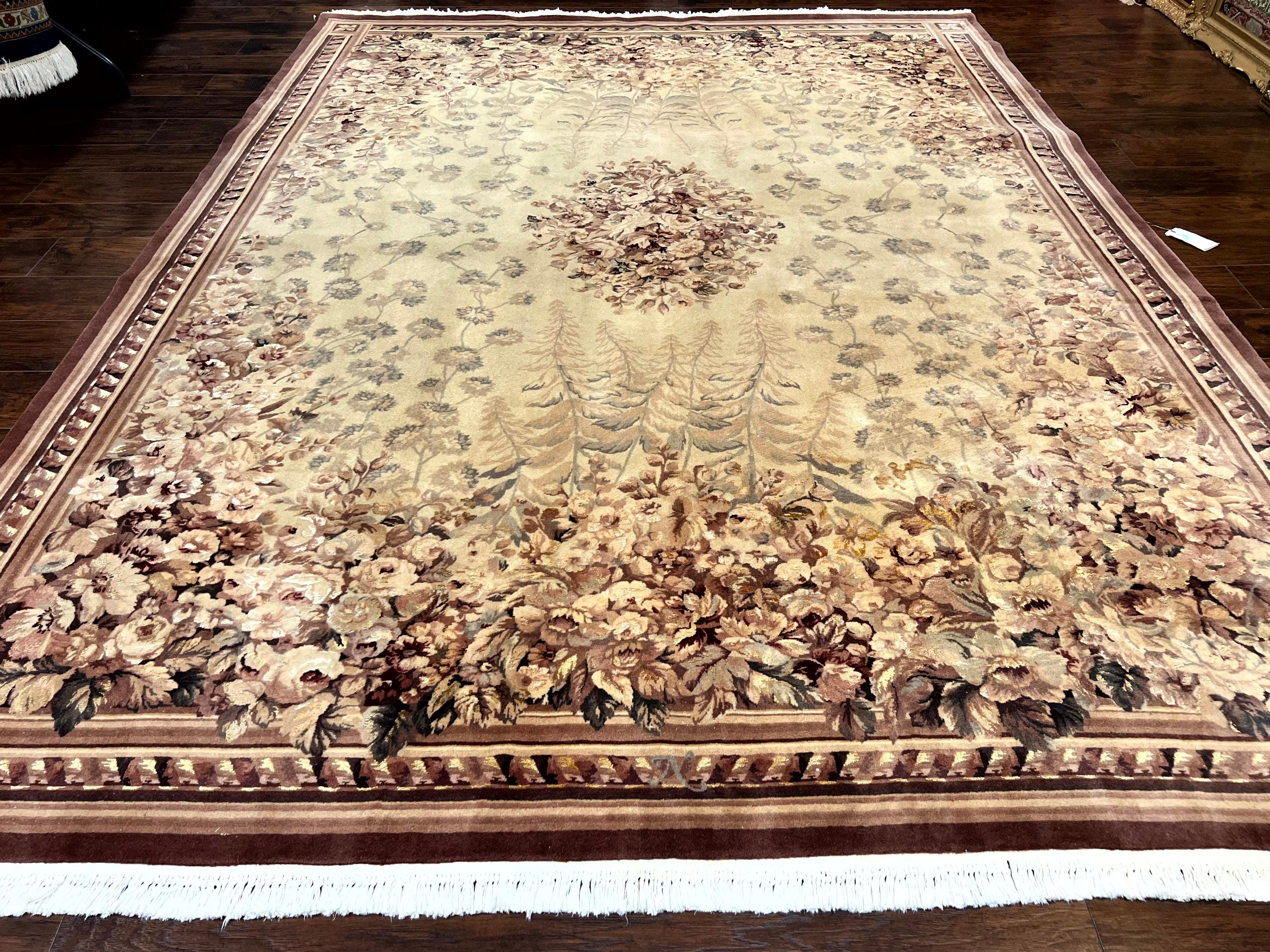 Aubusson Wool Rug 9x11, Wool with Silk Highlights, European Design, Vintage, Handmade, Floral, Fine 210 KPSI