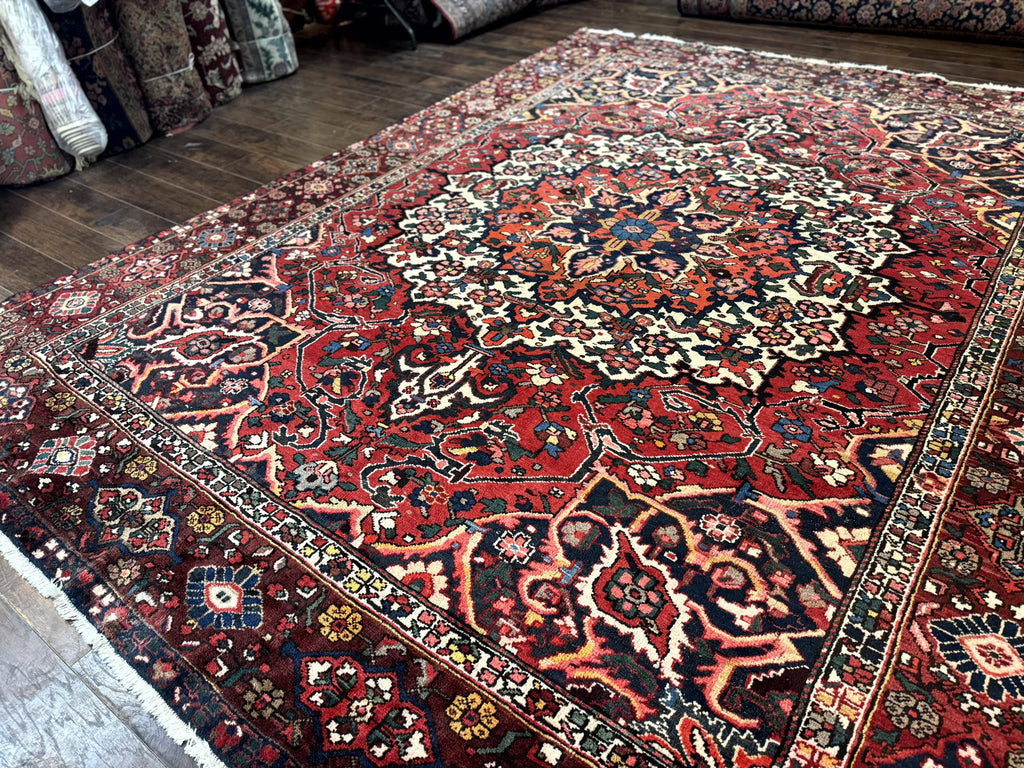 Rare Persian Bakhtiari Rug 10x13, Red, Semi Antique, Large Persian Carpet, Handmade