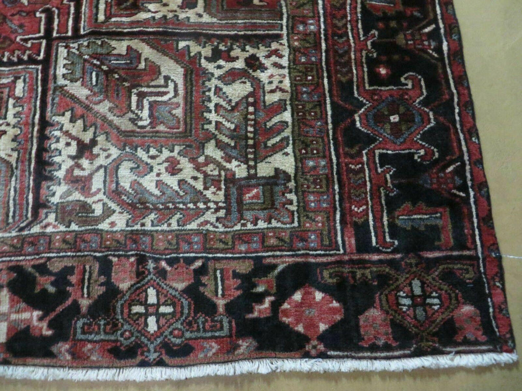 Persian Heriz Rug 8x12 Semi Antique Heriz Carpet, Room Sized Persian Carpet, Geometric Medallion, Wool, Hand Knotted, Red Ivory Dark Blue