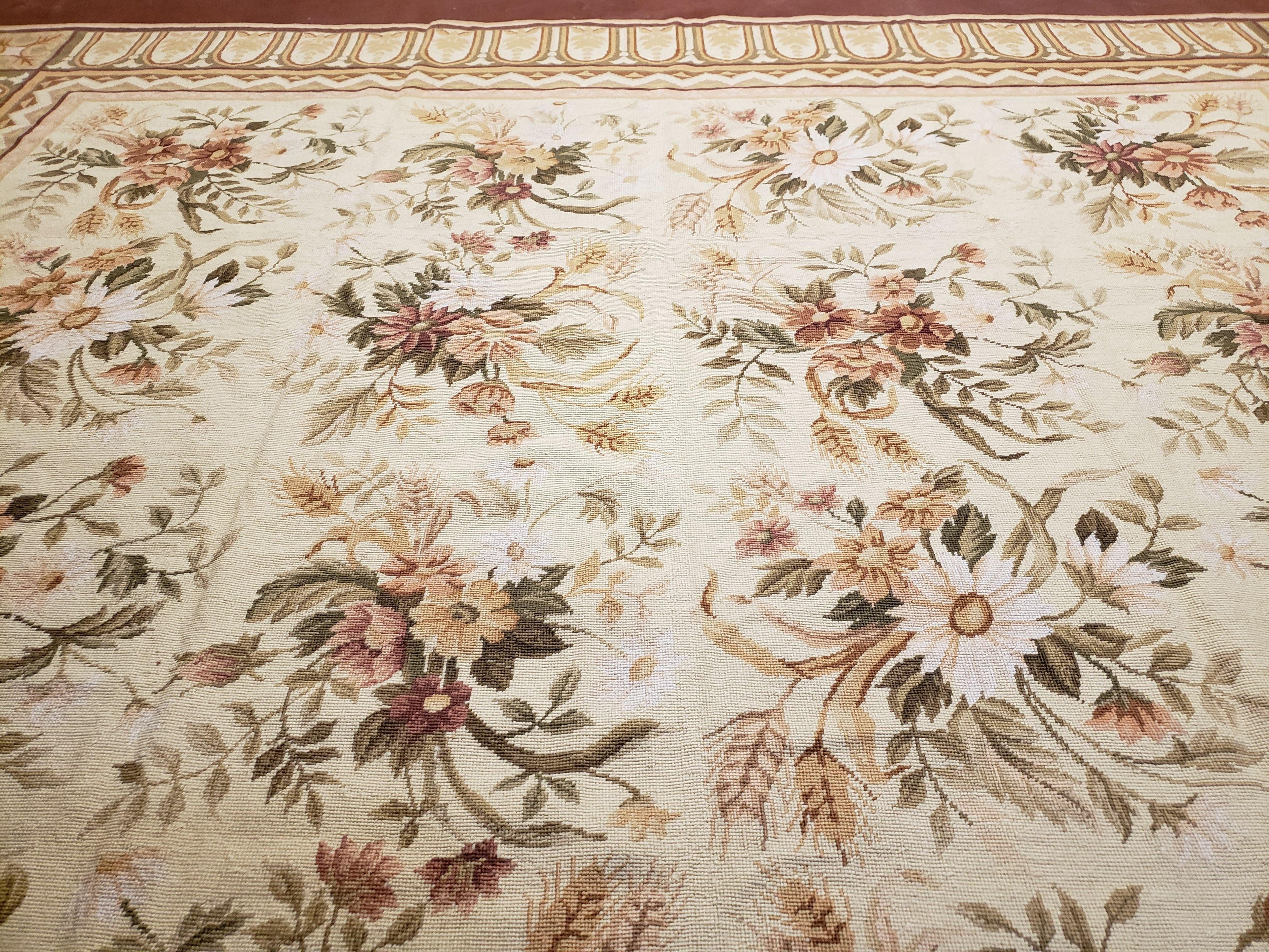 Needlepoint Rug 8x10 Aubusson Rug Victorian Floral Rug Handmade French Style French Decor Garden Panel Beige 8 x 10 Area Rug 100% Wool