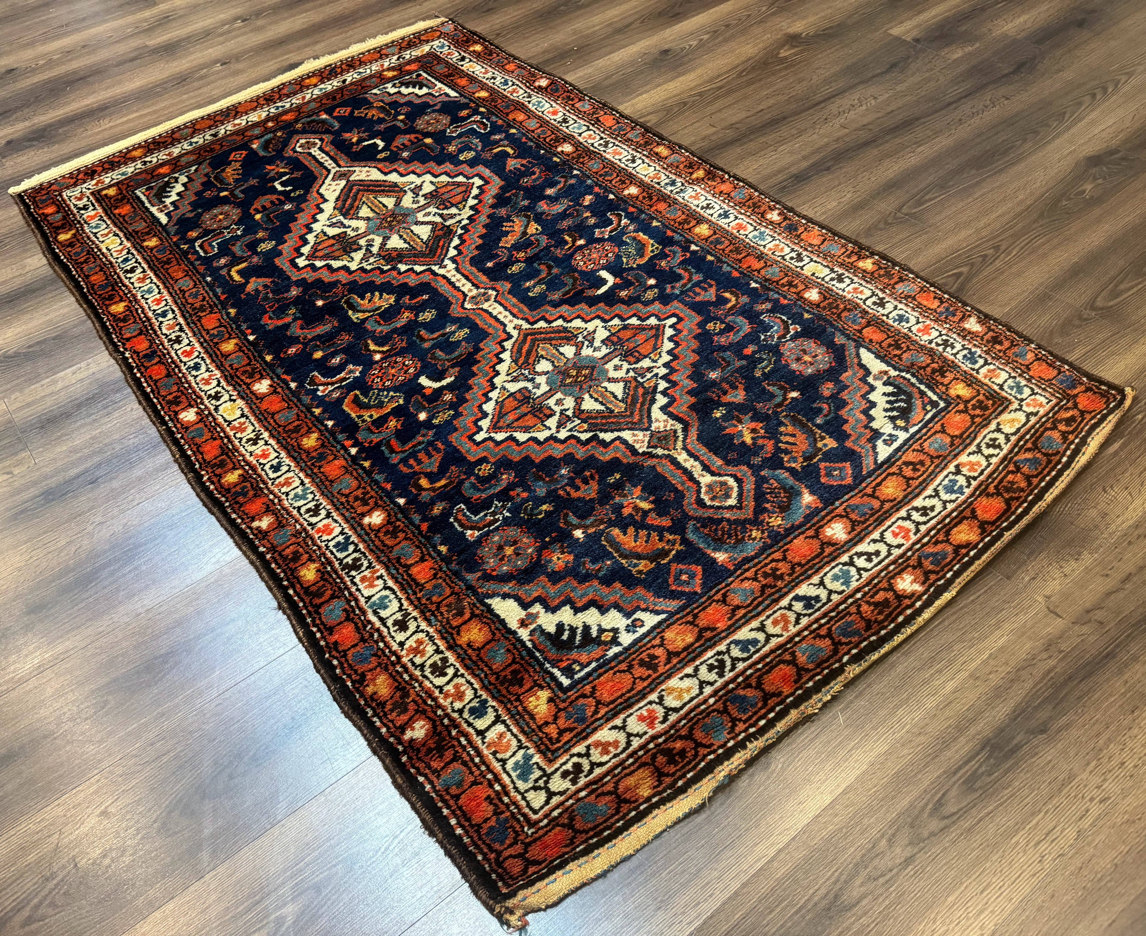 Antique Persian Hamadan Rug 4x6, Geometric, Double Medallions, Navy Blue, Tribal Carpet
