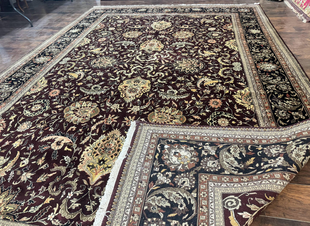 Indo Persian Rug 10x14, Floral Allover, Handmade Vintage Wool Rug, Dark Maroon/Plum and Black