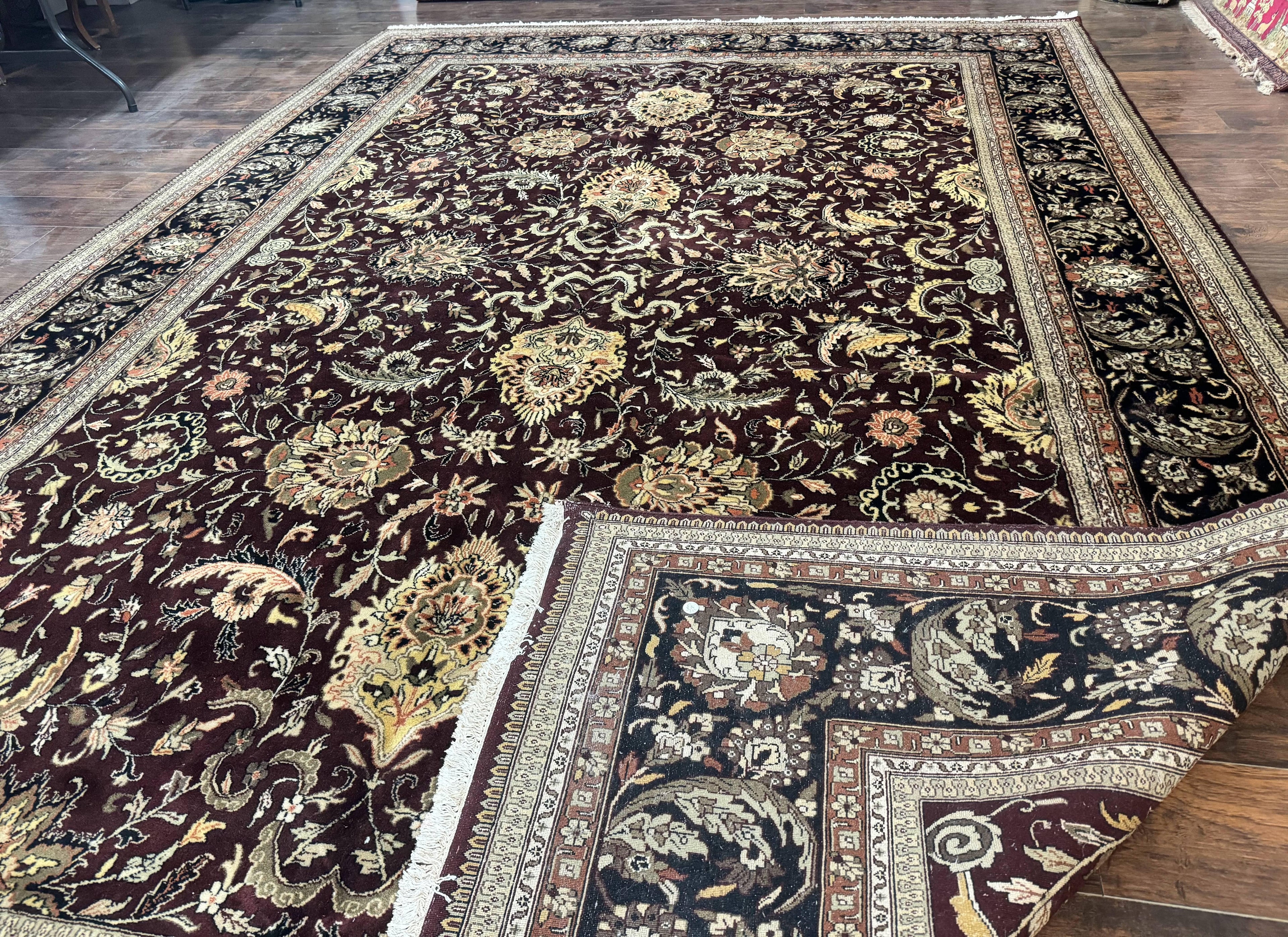 Indo Persian Rug 10x14, Floral Allover, Handmade Vintage Wool Rug, Dark Maroon/Plum and Black
