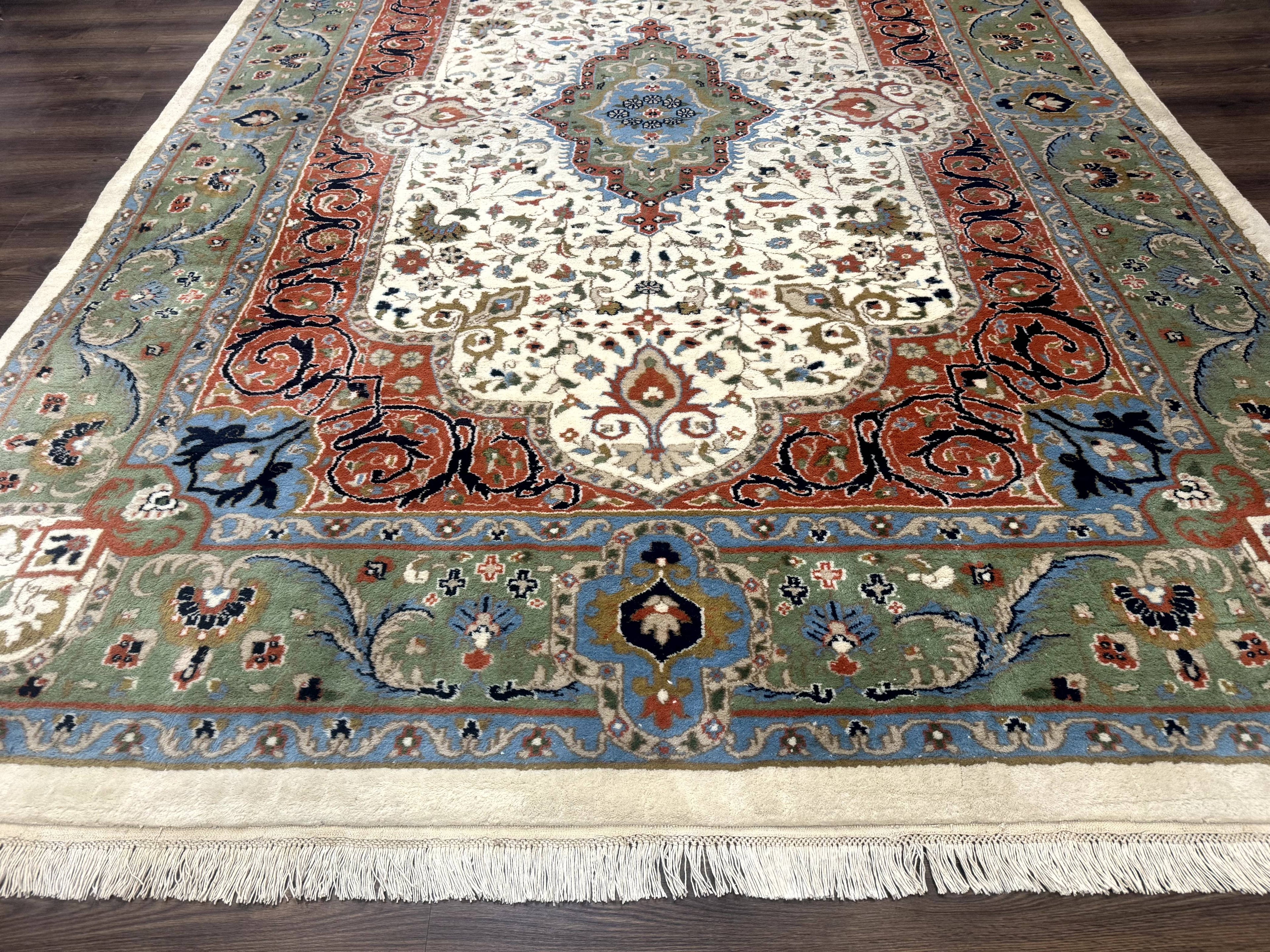 Indo Persian Rug 9x12, Ivory Red Green, Traditional Oriental Carpet