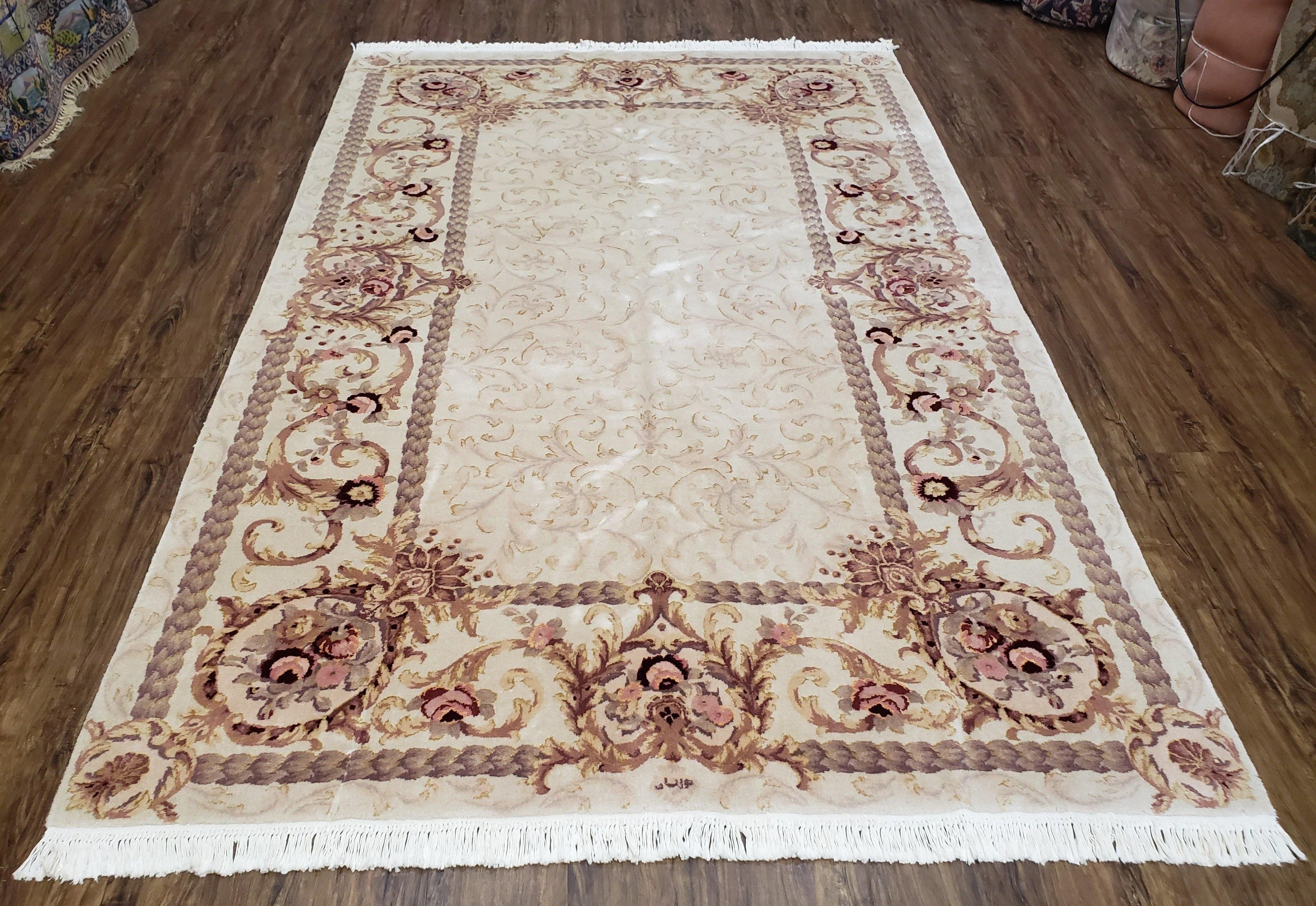 Vintage Ivory Chinese Aubusson Area Rug 6x9, Wool & Silk, Hand-Knotted 120 Line Fine Rug, European Design Carpet, 6 x 9 Master Signature Rug