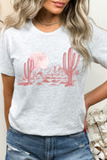 Pink Moon Night Desert Scene Cacti Graphic Tee T-Shirt
