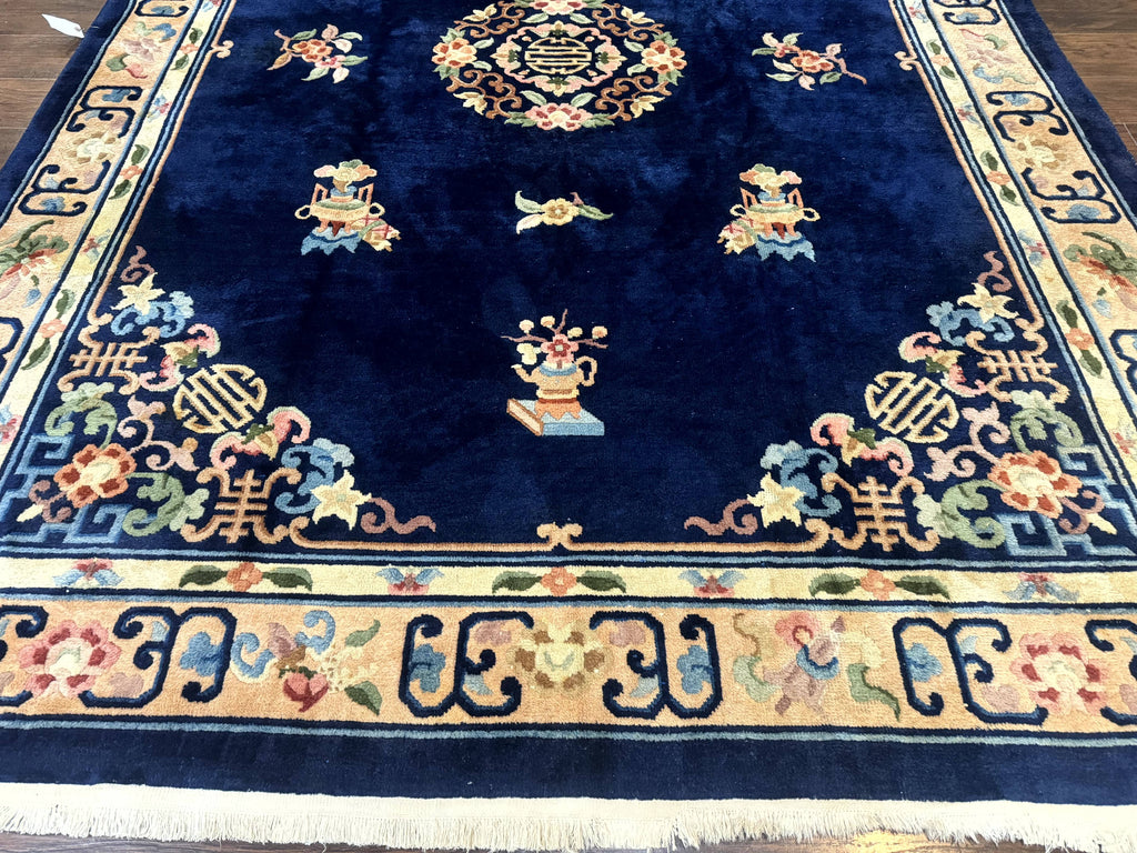 Chinese Wool Rug 8x11, Navy Blue and Beige, Simple Design, Fete Carpet