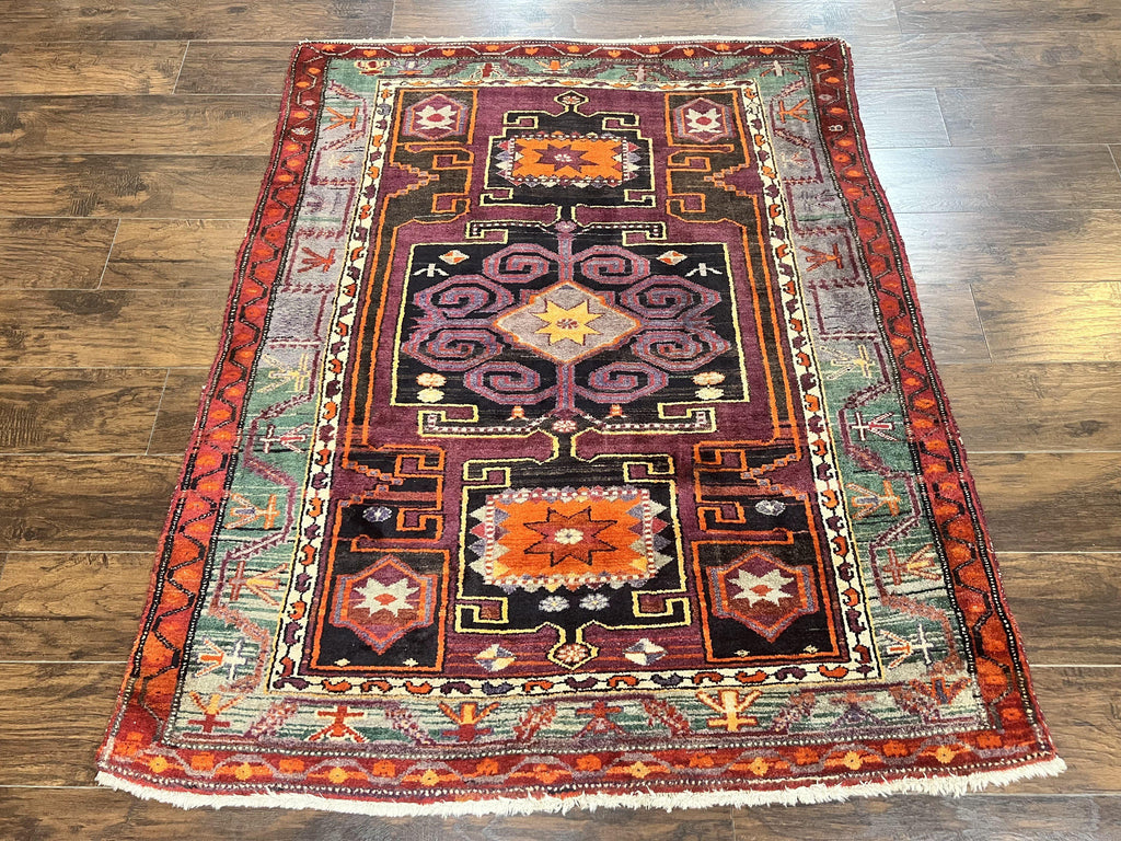 Persian Tribal Rug 5x6, Persian Nahavand Rug, Purple, Geometric Vintage Wool Handmade Carpet