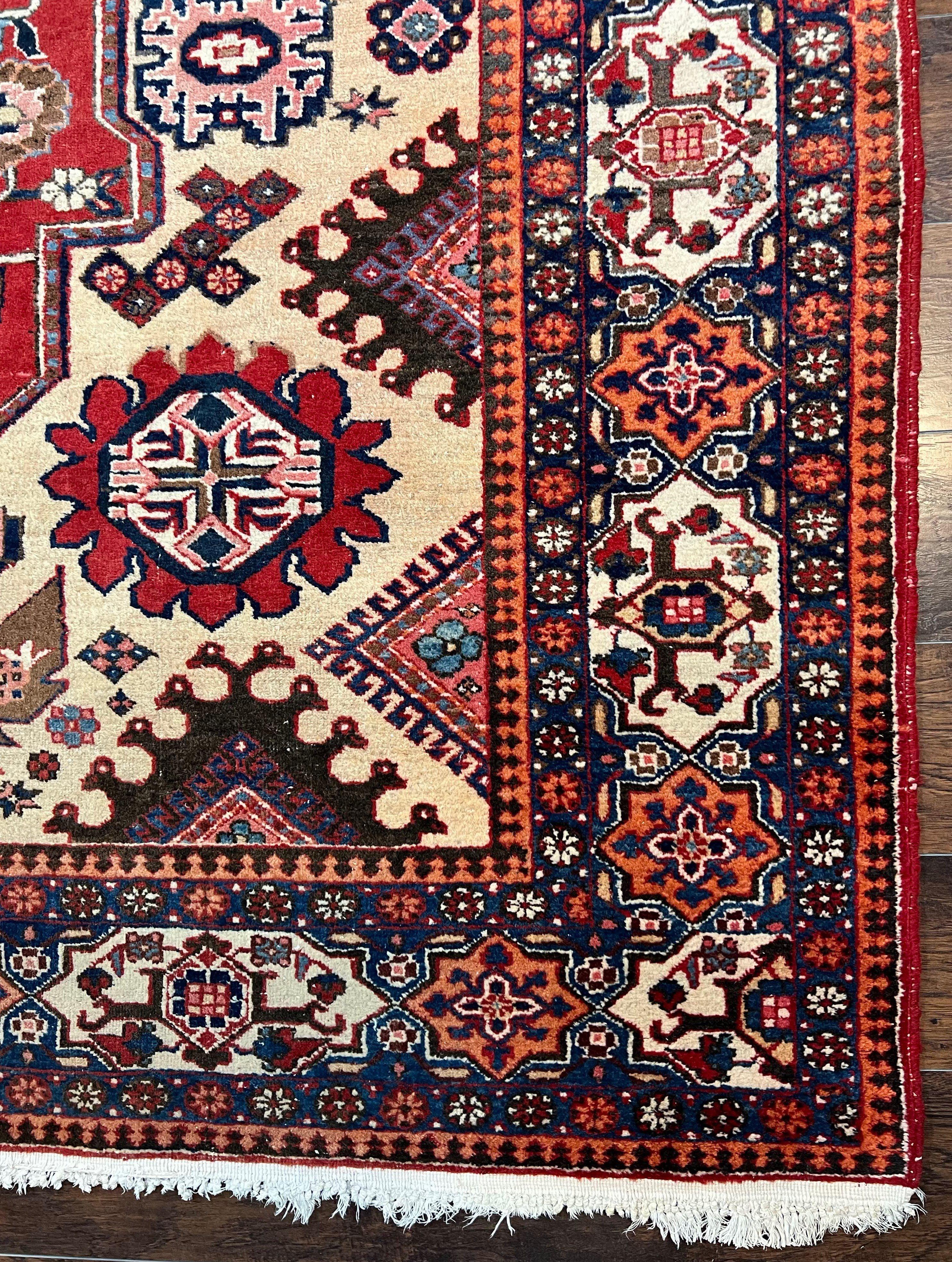 Antique Persian Heriz Rug 8x12 ft, Geometric Tribal Room Sized Carpet, Camel Hair Red Navy Blue, Wool Hand Knotted Medallion Oriental Carpet