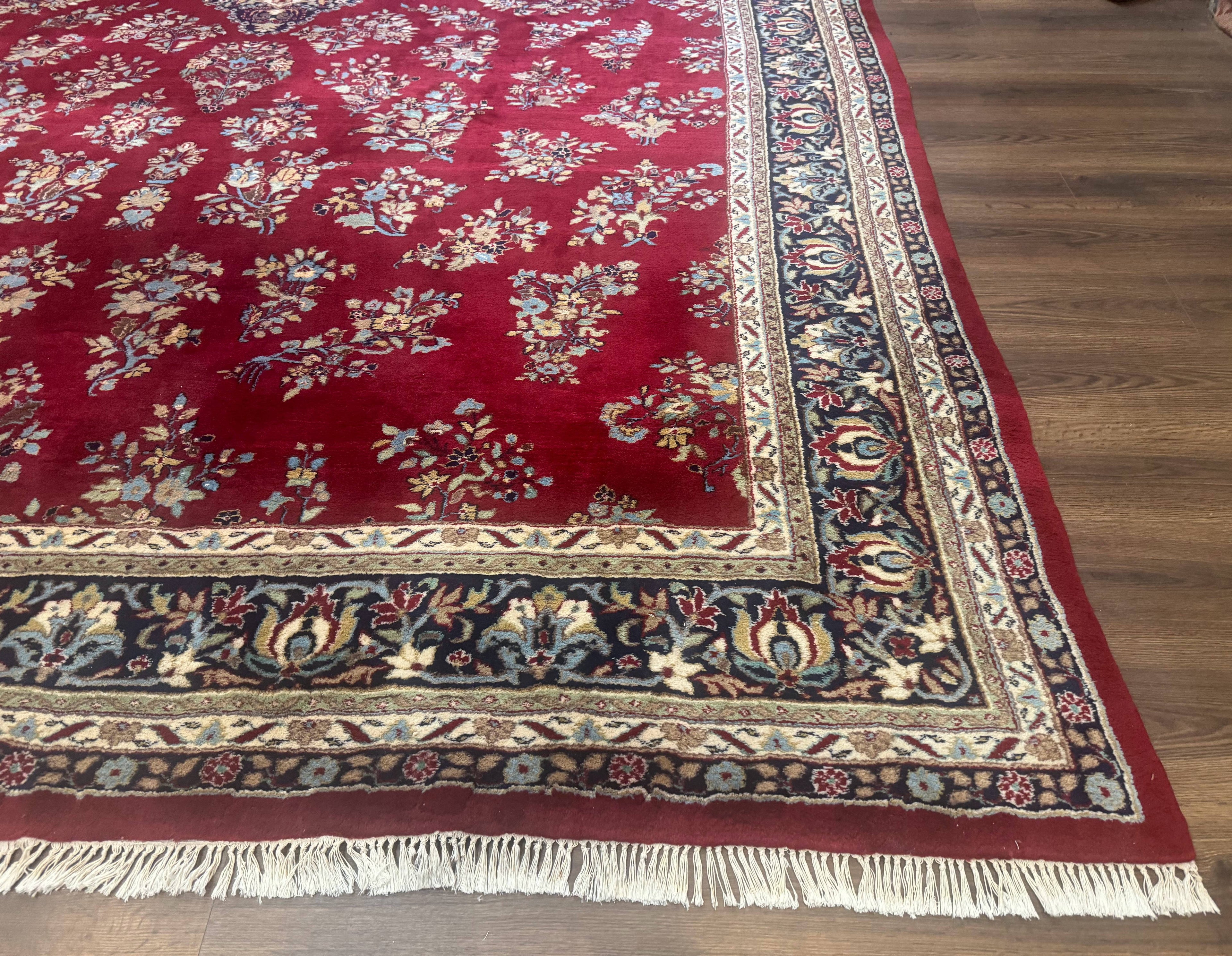 Indo Persian Sarouk Rug 10x14, Large Red and Navy Blue Carpet, Traditional Floral Wool Rug
