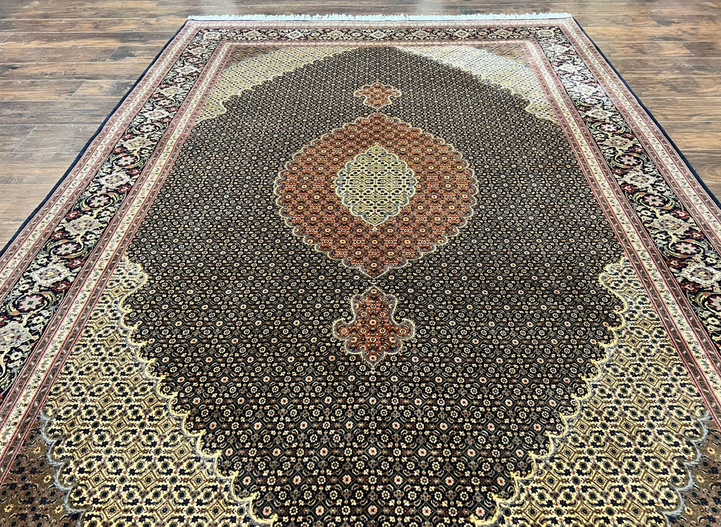Persian Tabriz Rug 7x10, Very Fine 330 KPSI 50 Raj, Black and Beige, Handmade Wool Vintage Persian Carpet