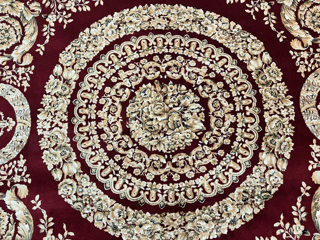 Aubusson Rug 9x12, Wool Handmade Carpet, Elegant French European Design, Dark Maroon Red, 9 x 12 Room Sized Rug, Finely Hand Knotted