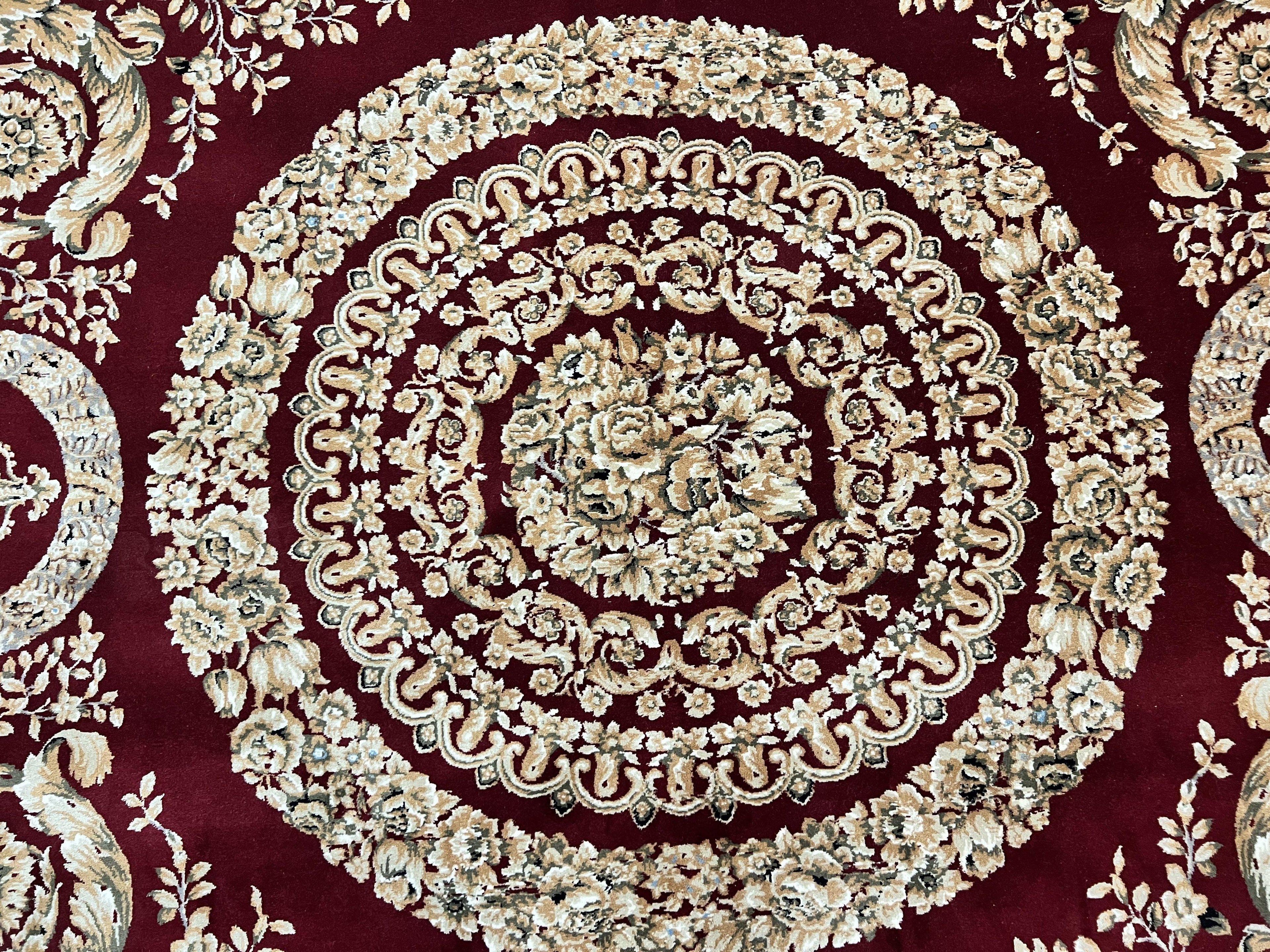 Aubusson Rug 9x12, Wool Handmade Carpet, Elegant French European Design, Dark Maroon Red, 9 x 12 Room Sized Rug, Finely Hand Knotted