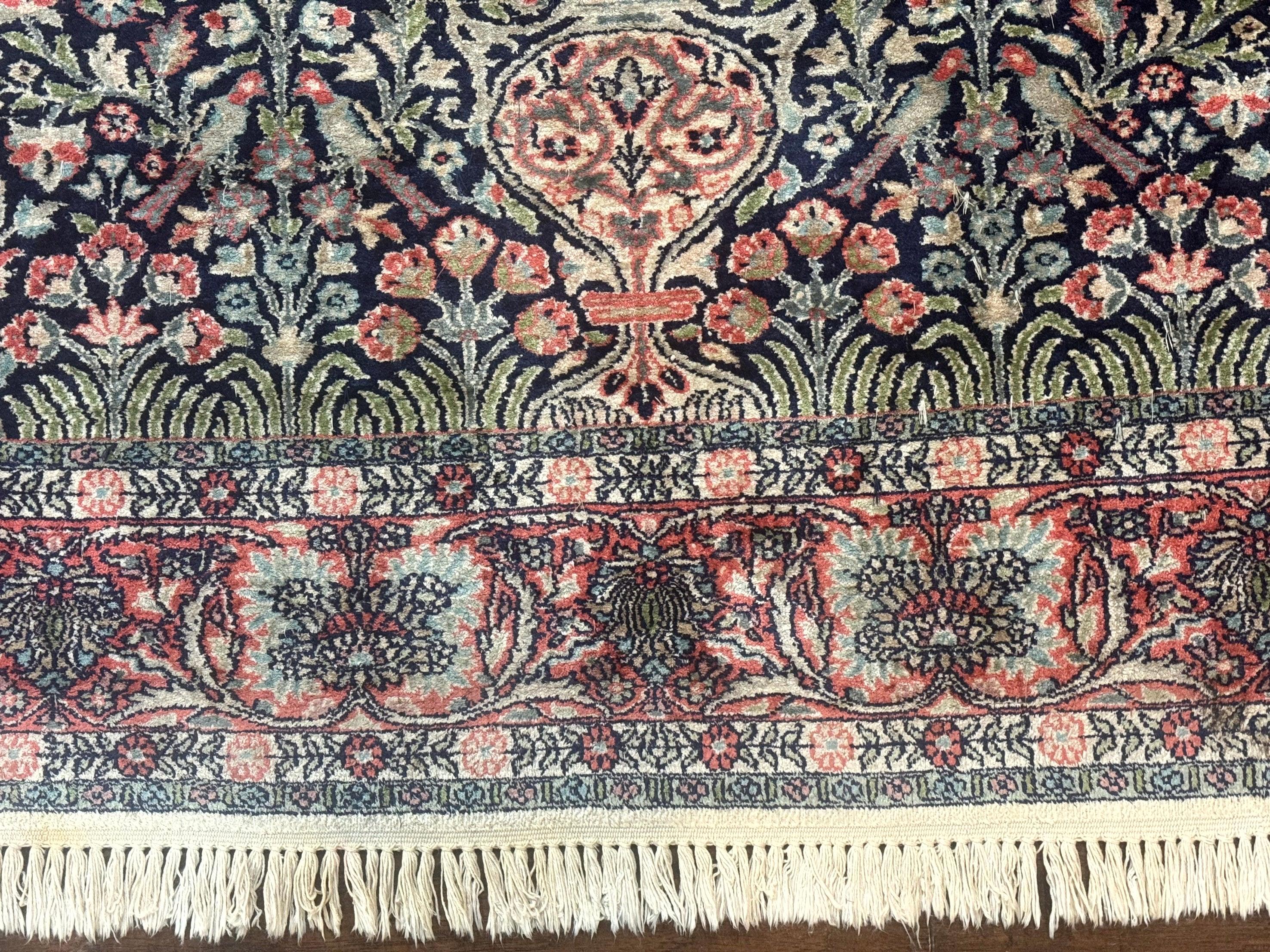 Silk Indian Kashmiri Rug 4x6, Tree of Life Pattern, Birds, Fine 290 KPSI, Navy Blue and Red, Handmade Oriental Carpet