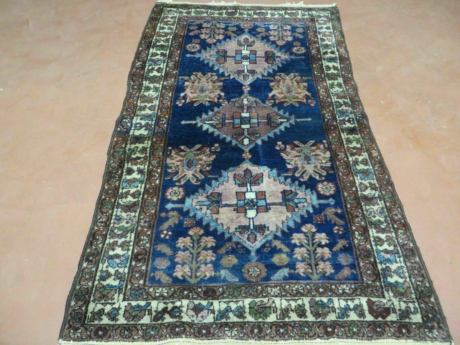 Blue Vintage Persian Hamadan Rug, Wool, Hand-Knotted, 4x6 ft