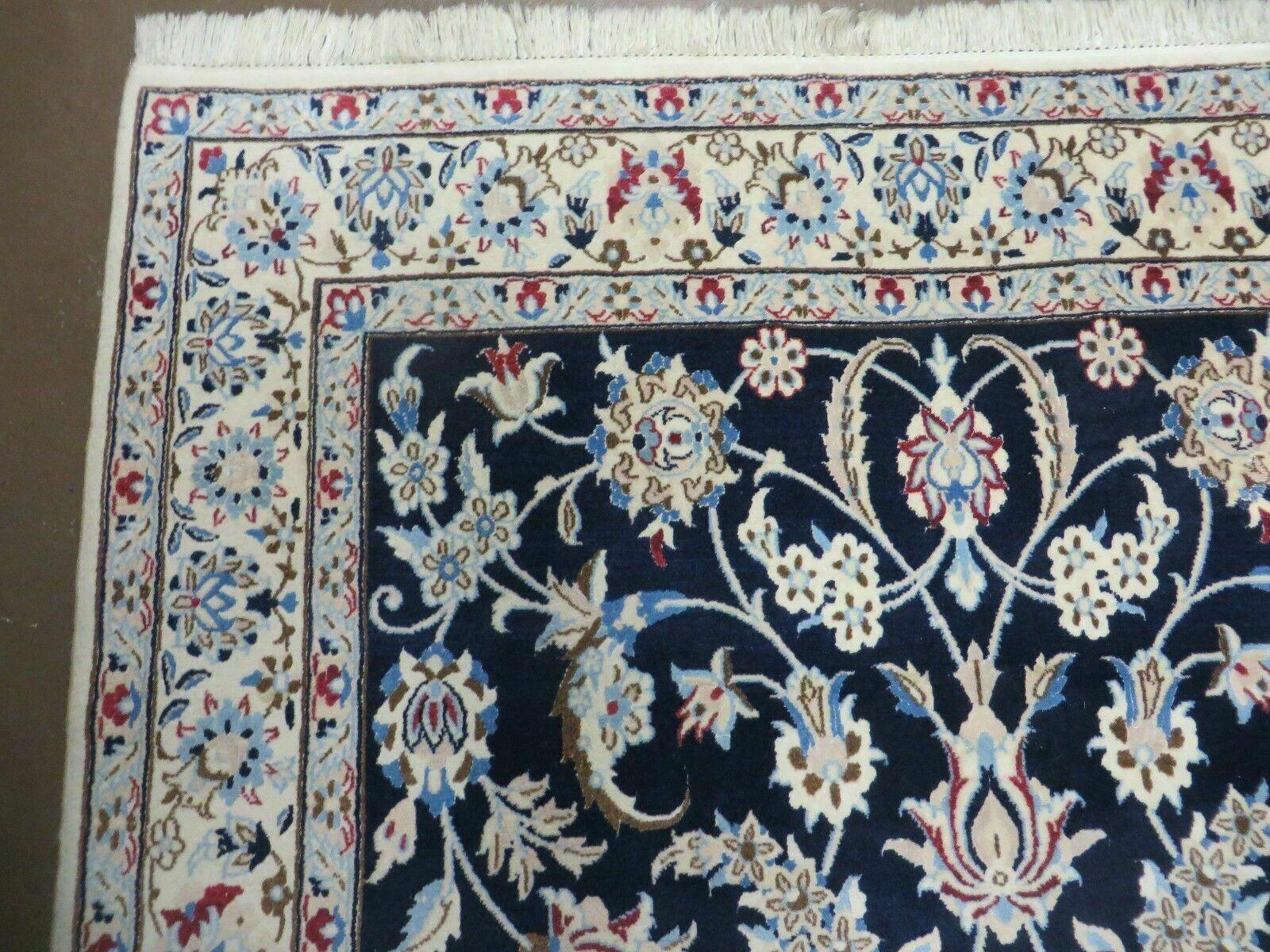 Persian Nain Rug 4x7, Navy Blue and Ivory, Handmade, Wool & Silk Highlights, Fine Oriental Rug, Vintage