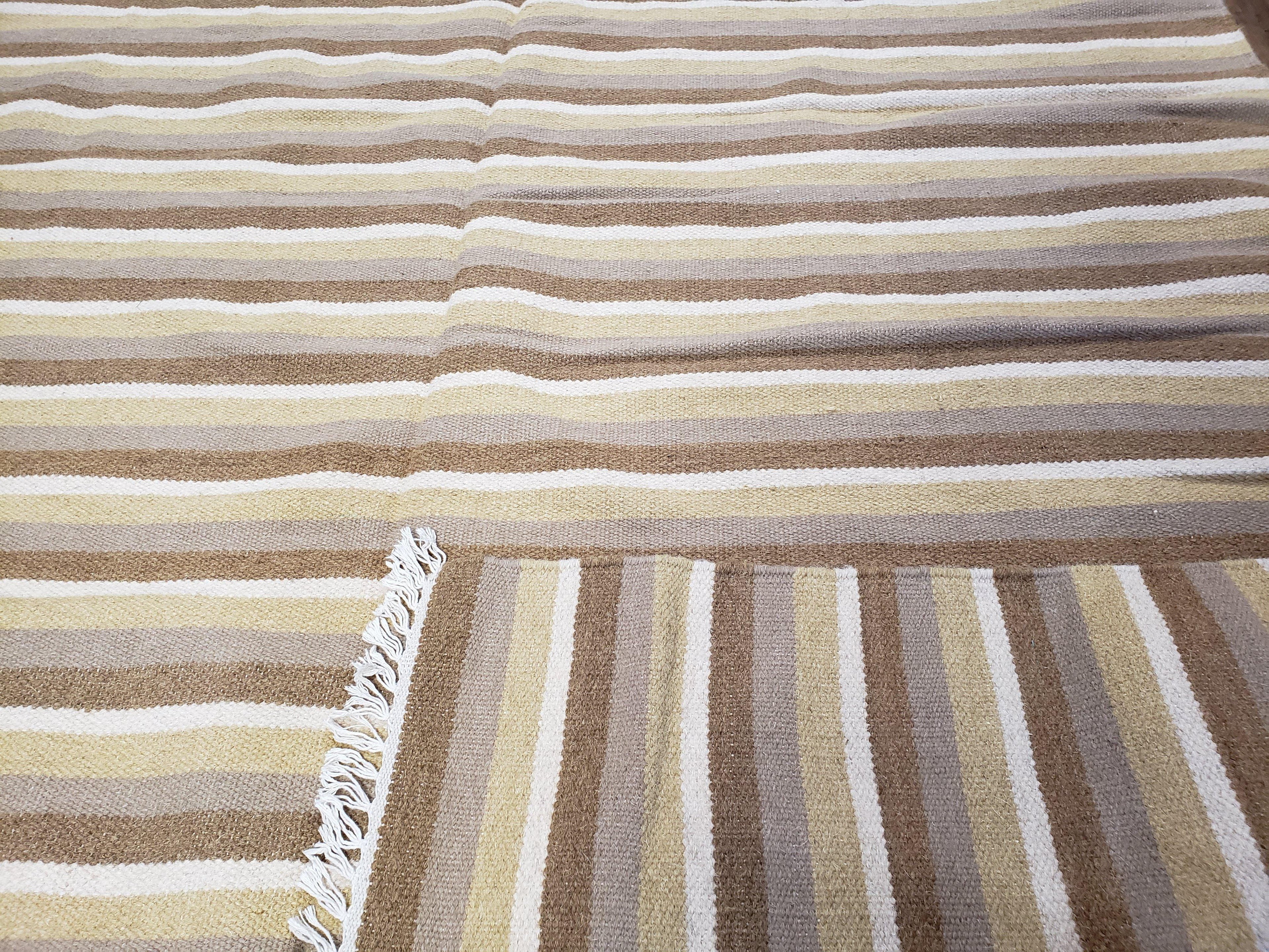 Indian Striped Blanket 6x9, Large Indo Kilim Area Rug, Earthern Tones Woolen Hand-Woven Flatweave South American Style Queen Size Bedspread