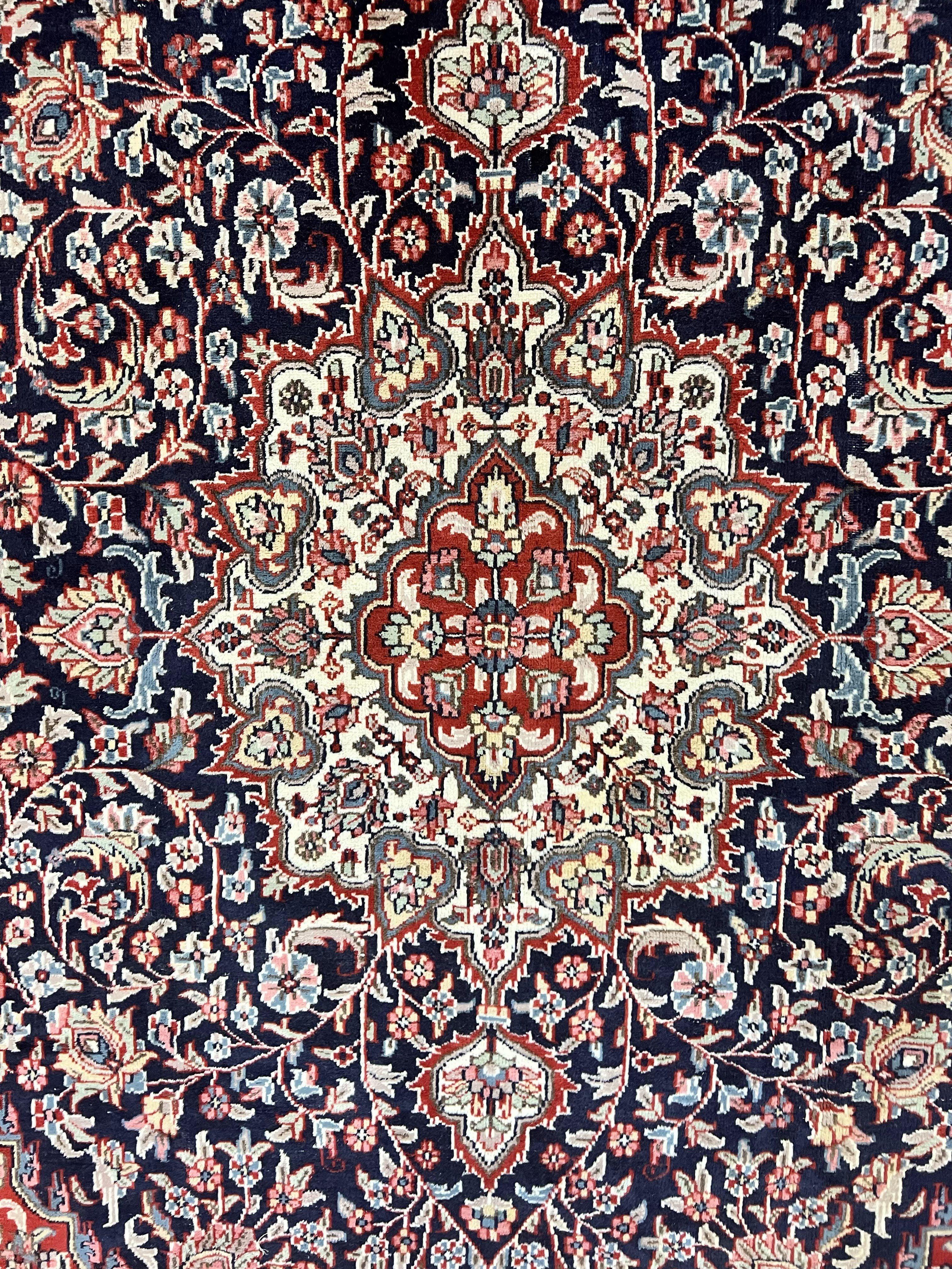Indo Persian Rug 10x15, Floral Allover, Handmade Vintage Wool Carpet, Dark Blue Ivory Red, Palace Size Traditional Rug