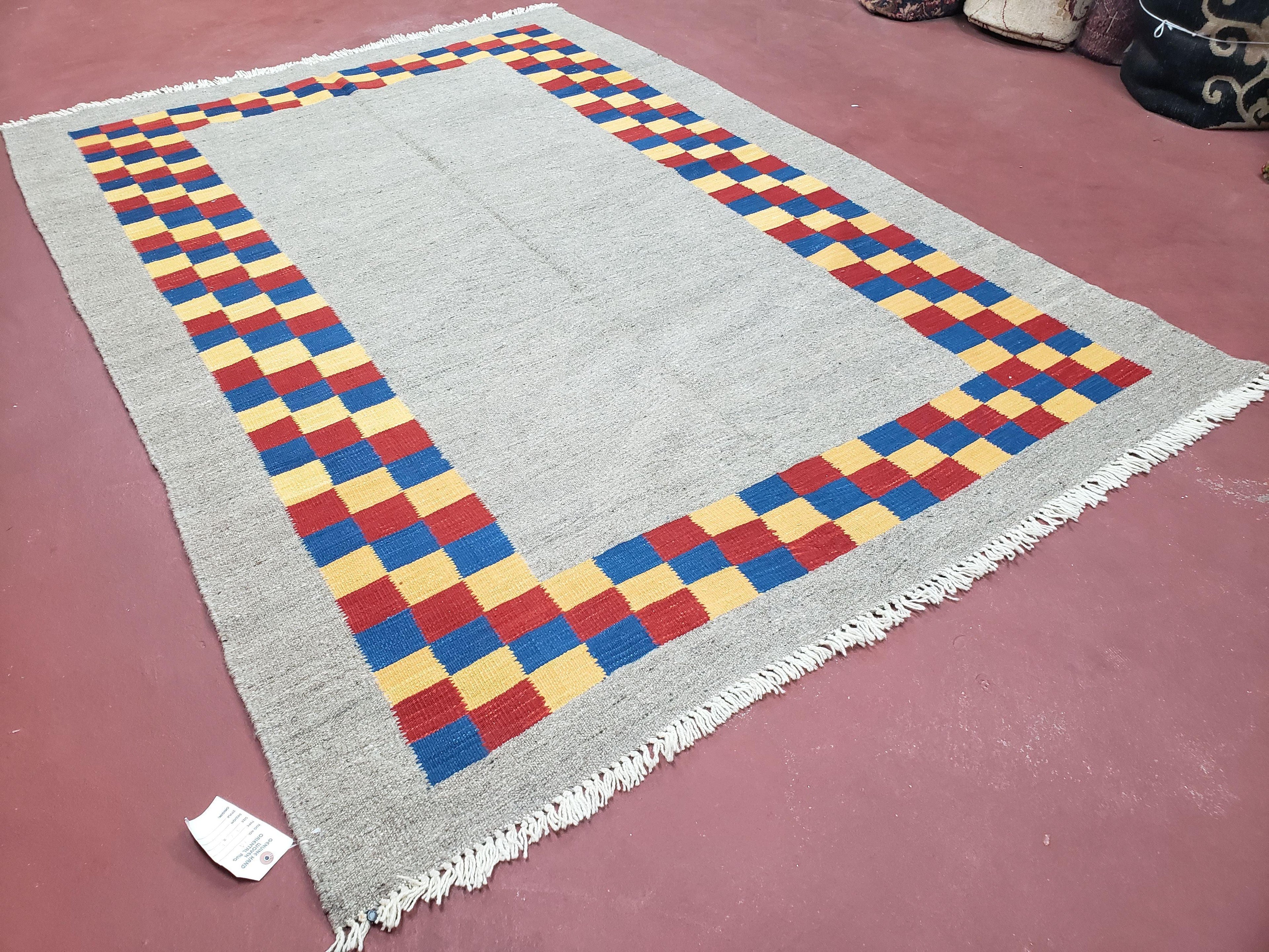 New Turkish Kilim Area Rug, Gray Carpet With Colorful Checker Border, 5'6" x 8", Flatweave Carpet, Playroom Rug, Kids Room Rug, Hand-Knotted