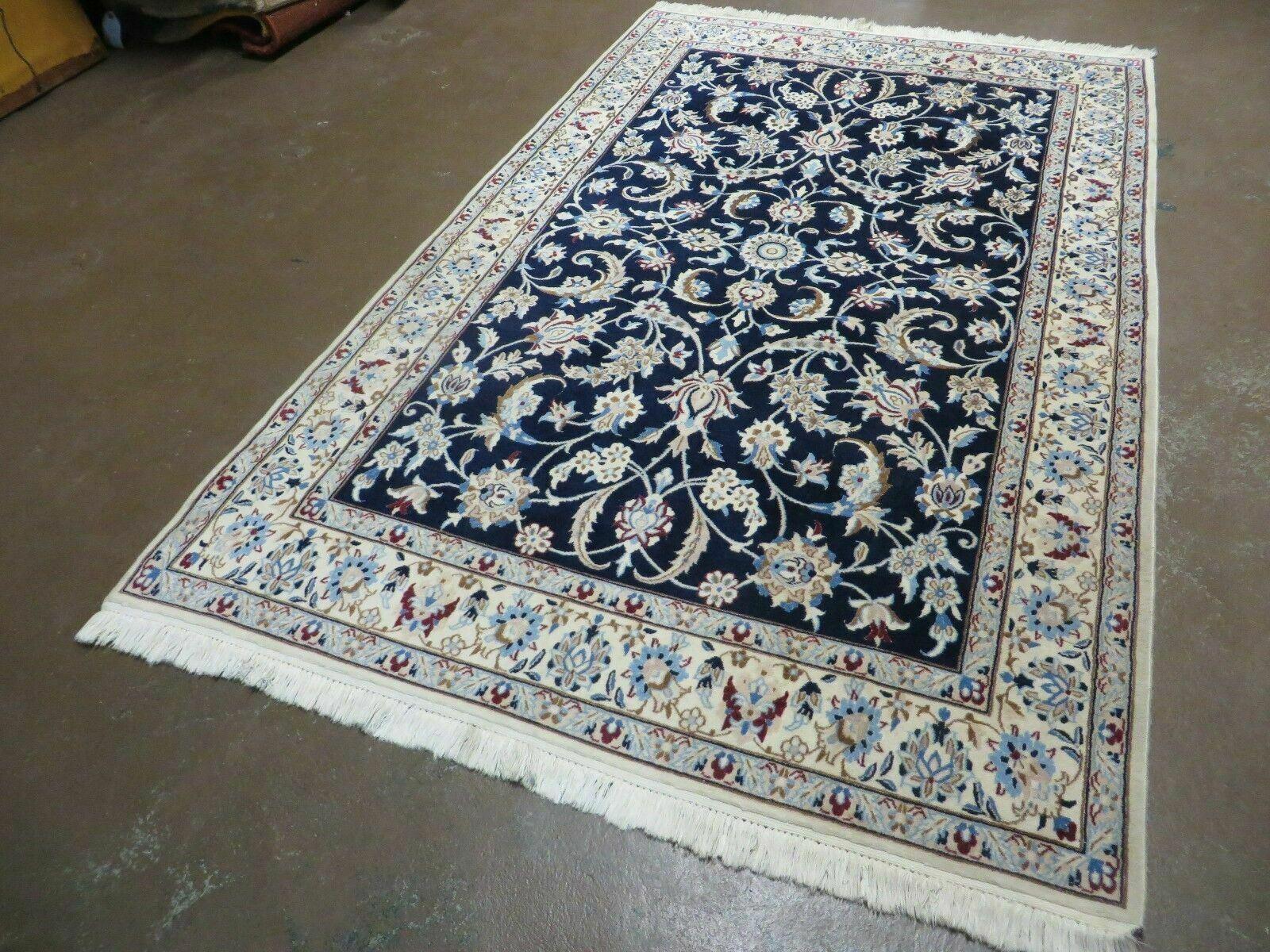 Persian Nain Rug 4x7, Navy Blue and Ivory, Handmade, Wool & Silk Highlights, Fine Oriental Rug, Vintage