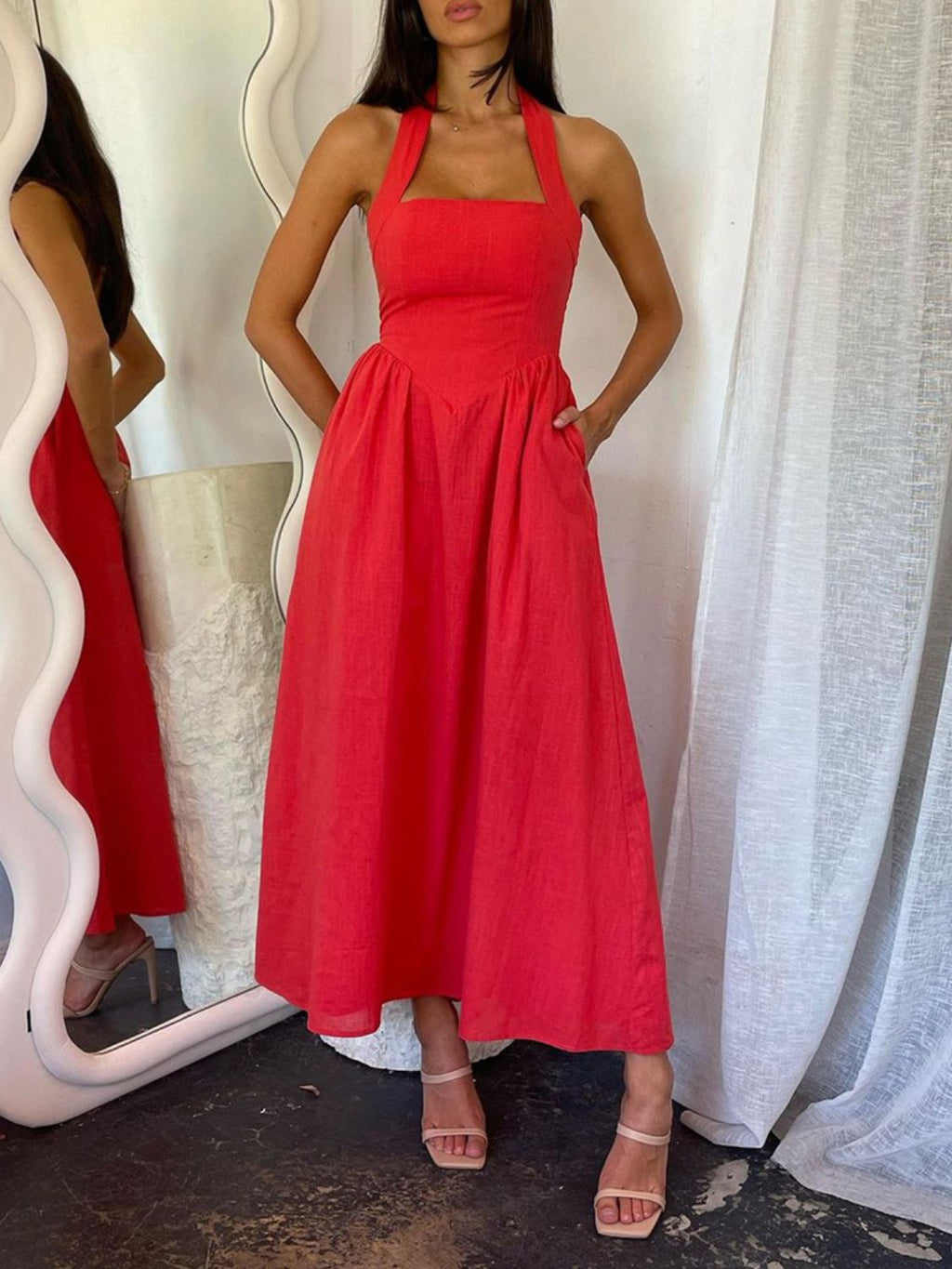 Black Ruched Halter Neck Midi Dress Sleek & Sophisticated Dress For Women
