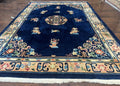 Chinese Wool Rug 8x11, Navy Blue and Beige, Simple Design, Fete Carpet