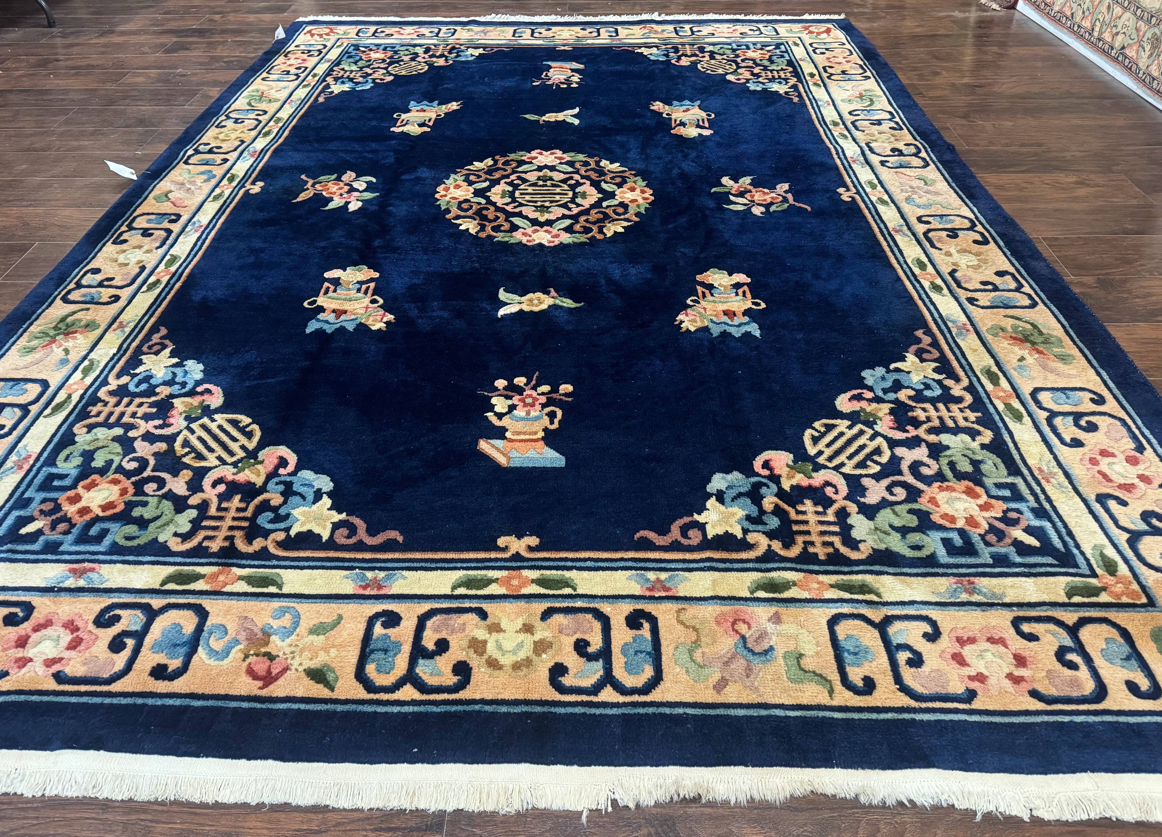 Chinese Wool Rug 8x11, Navy Blue and Beige, Simple Design, Fete Carpet