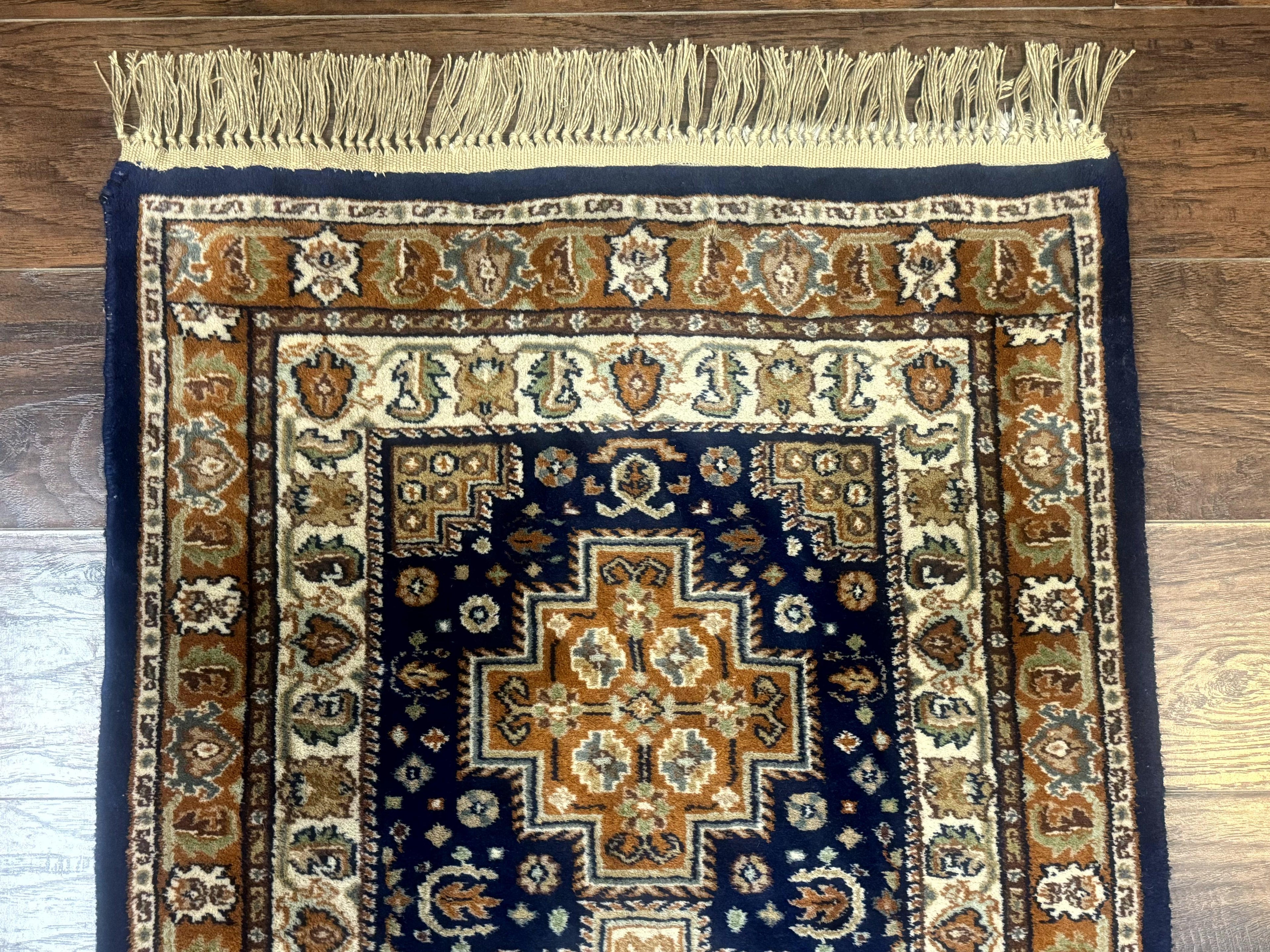 Indo Persian Runner Rug 2.6 x 12.7, Indian Kashmiri Runner for Hallway or Kitchen, Navy Blue, Geometric Medallions, Handmade Wool