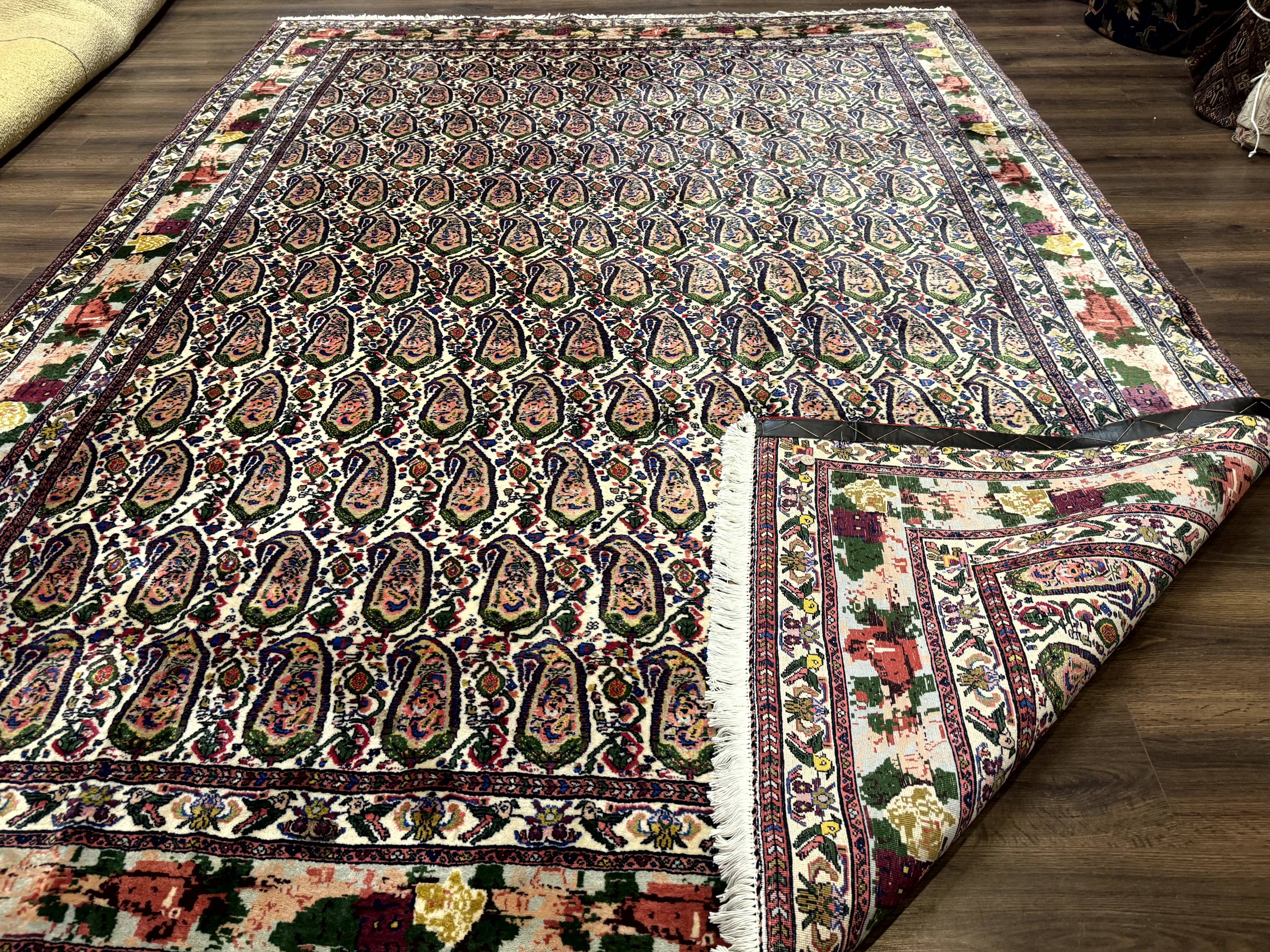Persian Kurdish Rug 8x11, Repeated Allover Boteh Paisley Design, Bird Pictorials, Rare Antique Sannadaji Carpet