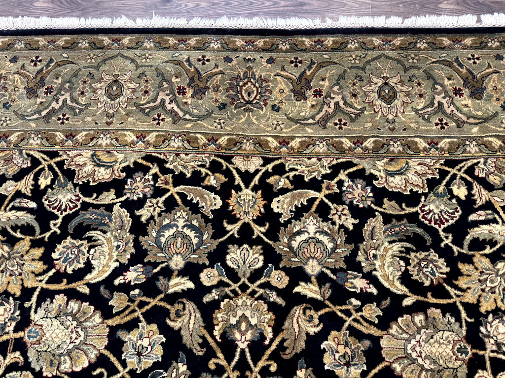 Indo Persian Rug 8x10, Black and Green, Wool, Handmade, Traditional, Floral Allover, Vintage