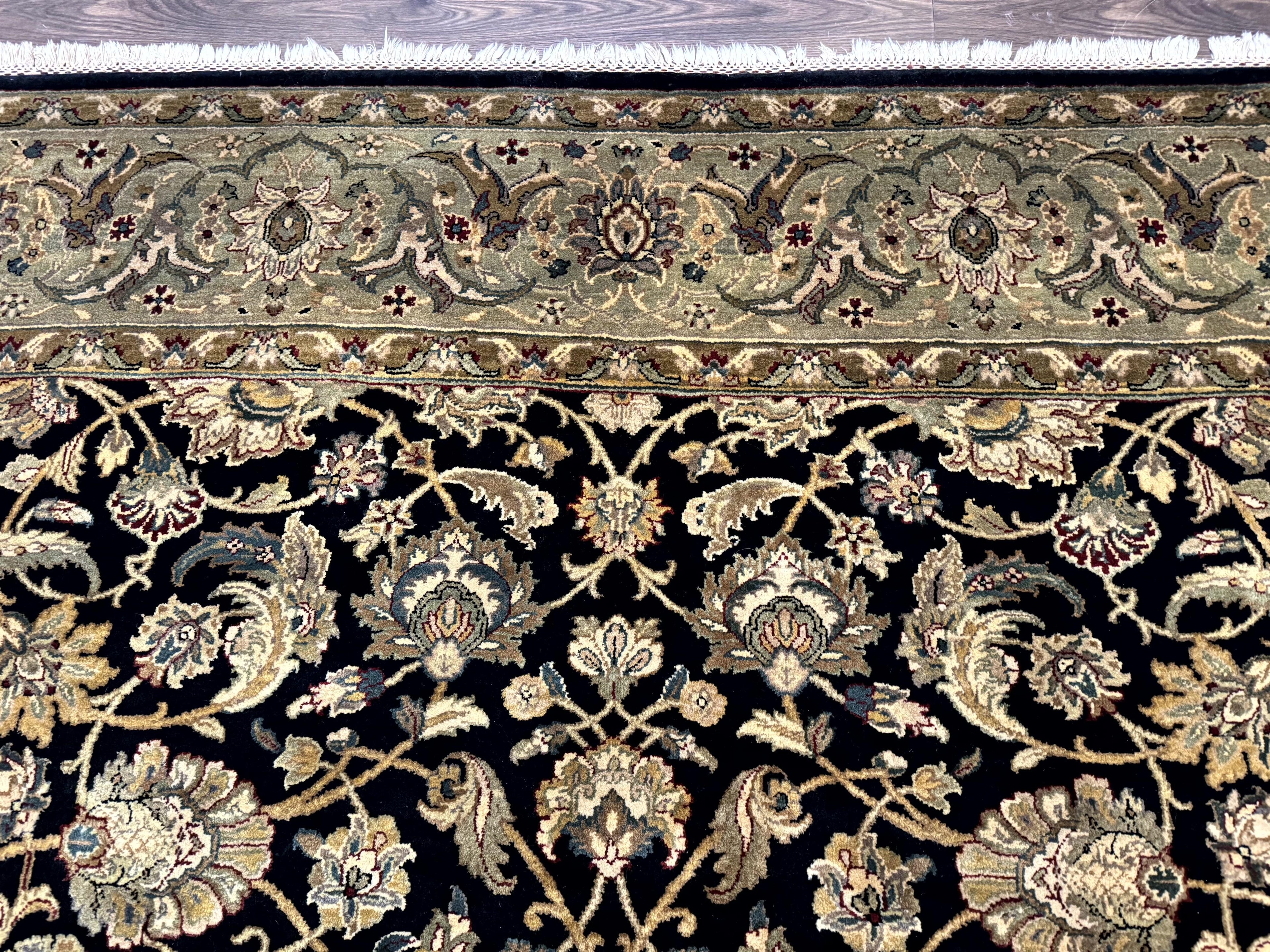 Indo Persian Rug 8x10, Black and Green, Wool, Handmade, Traditional, Floral Allover, Vintage