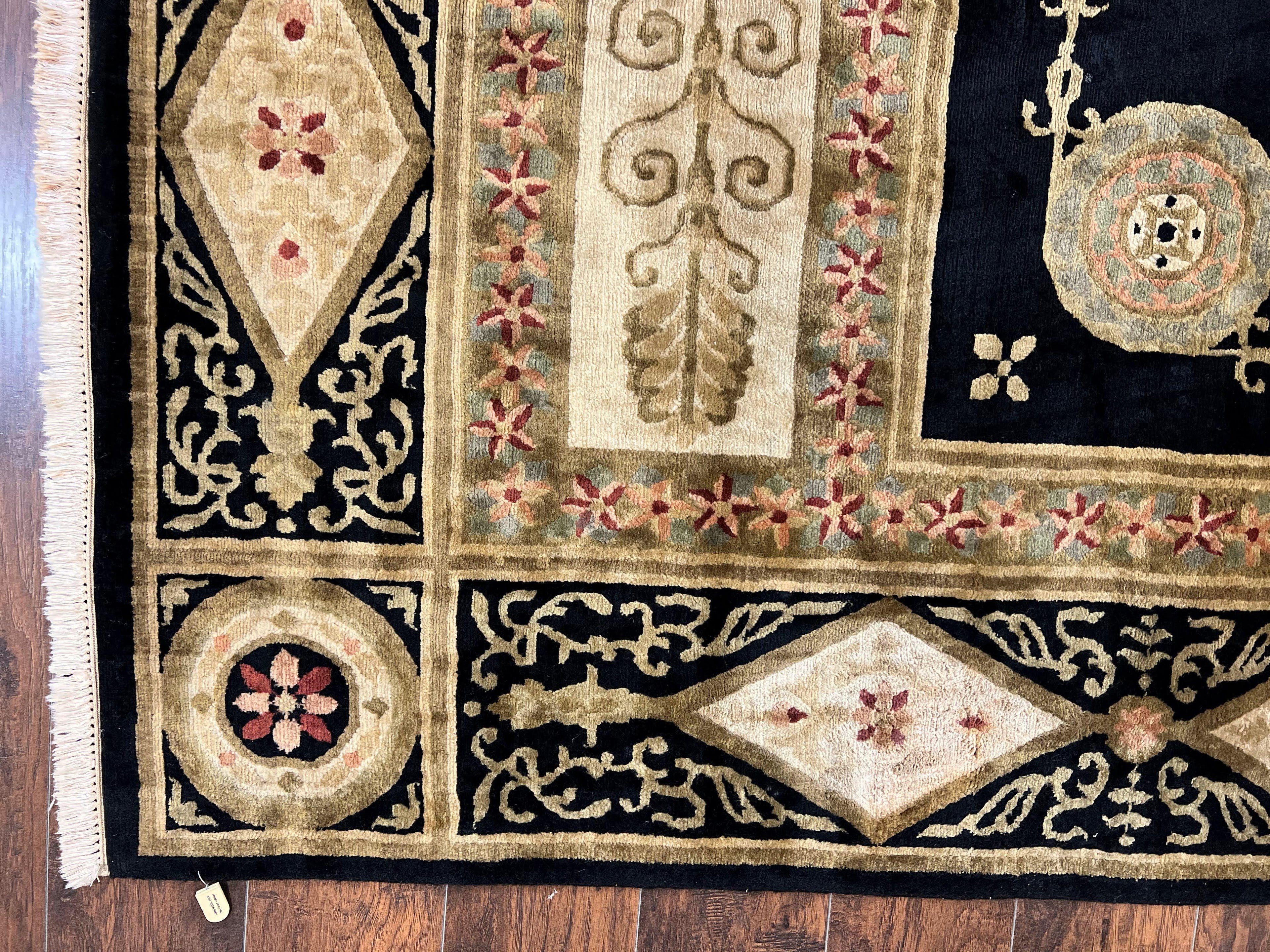 Tibetan Rug 8x10, Nepali Area Rug, Soft New Zealand Wool Carpet 8 x 10 ft, Black Tan Beige, Vintage Handmade Rug, French Aubusson Pattern