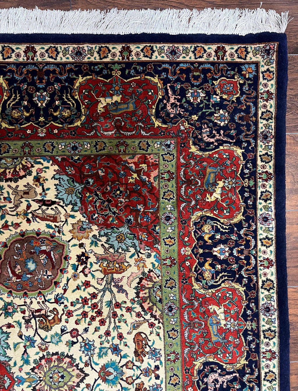 Wonderful Sino Persian Rug 6x10 with Animal Pictorial Motifs, Cream Dark Red Navy Blue, Birds Gazelles, Two Medallions, Top Quality Handmade